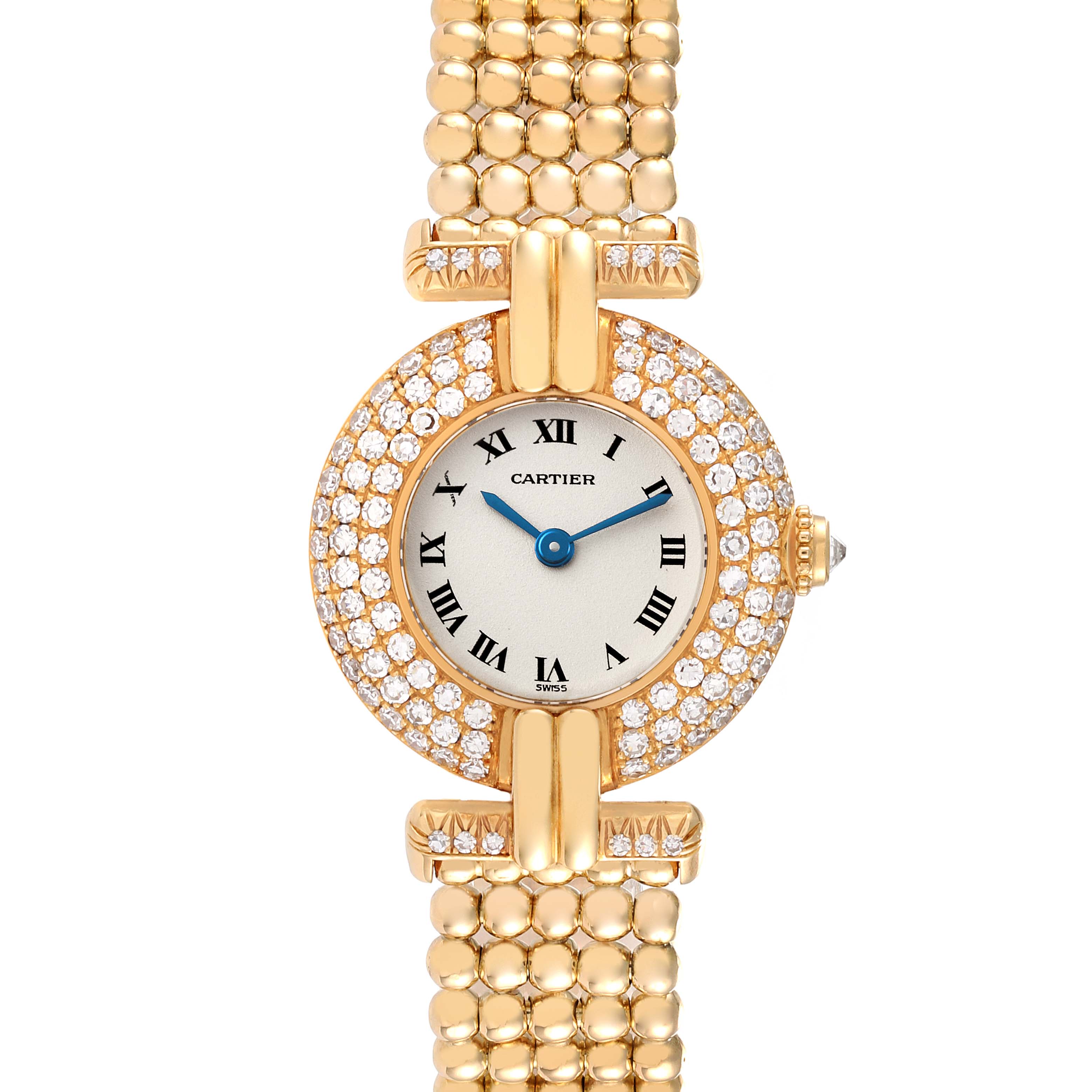 This image shows a front view of the Cartier Colisee WB1018A8 Women's Yellow Gold Silver Dial WB1018A8 Women's Yellow Gold Silver Dial model watch, highlighting its gold bracelet, diamond-encrusted bezel, and Roman numeral dial.