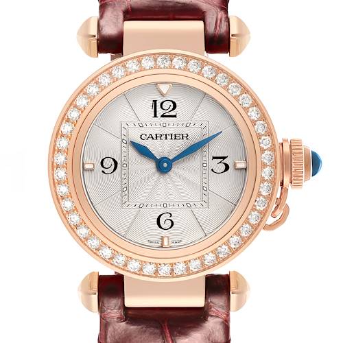 The Cartier Pasha WJPA0017 Women's Rose Gold White Dial watch is shown from a front angle, highlighting the diamond bezel, silver dial, and blue hands.