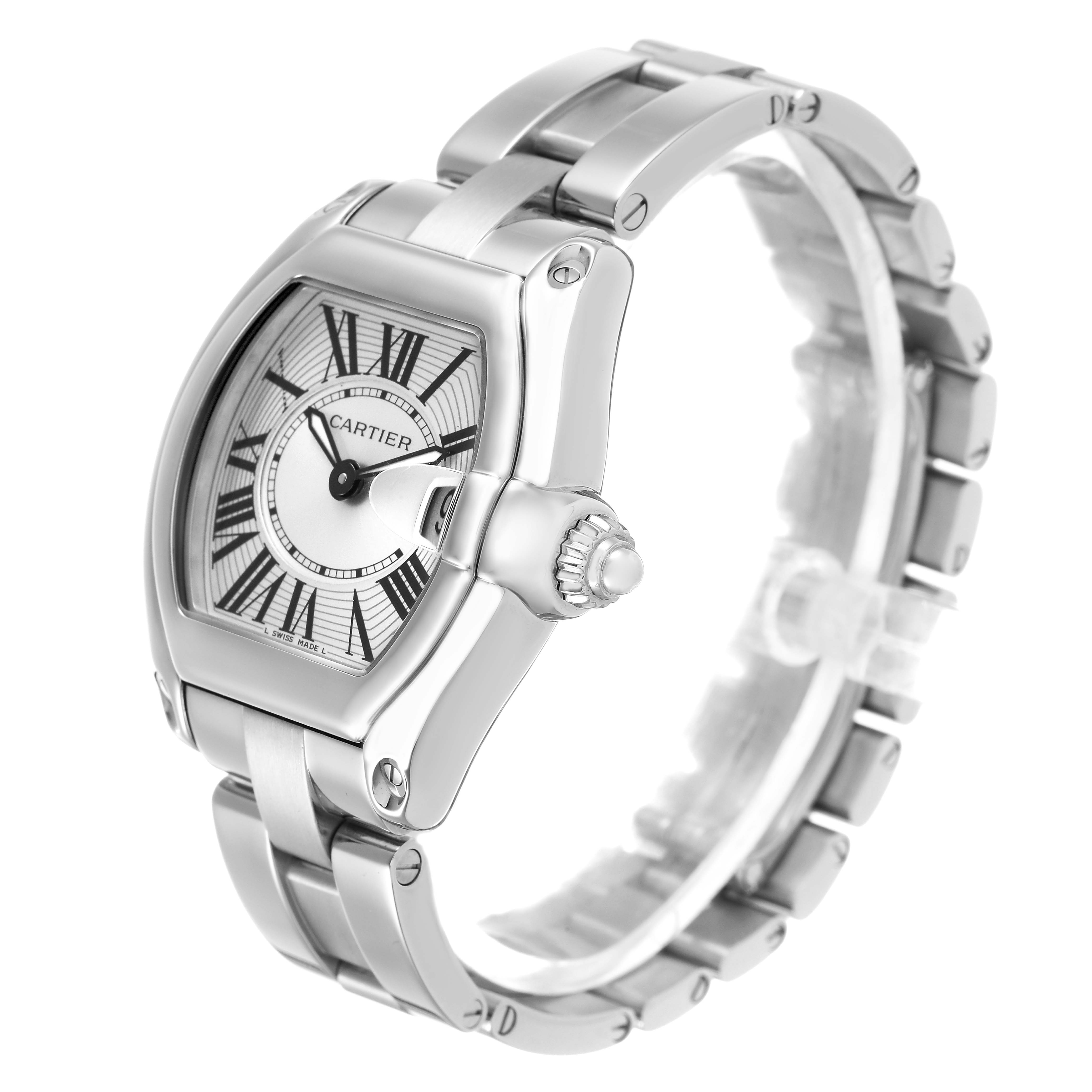 The Cartier Roadster W62016V3 Women's Stainless Steel Silver Dial watch is shown at a 3/4 angle, highlighting the case, dial, crown, and metal bracelet.
