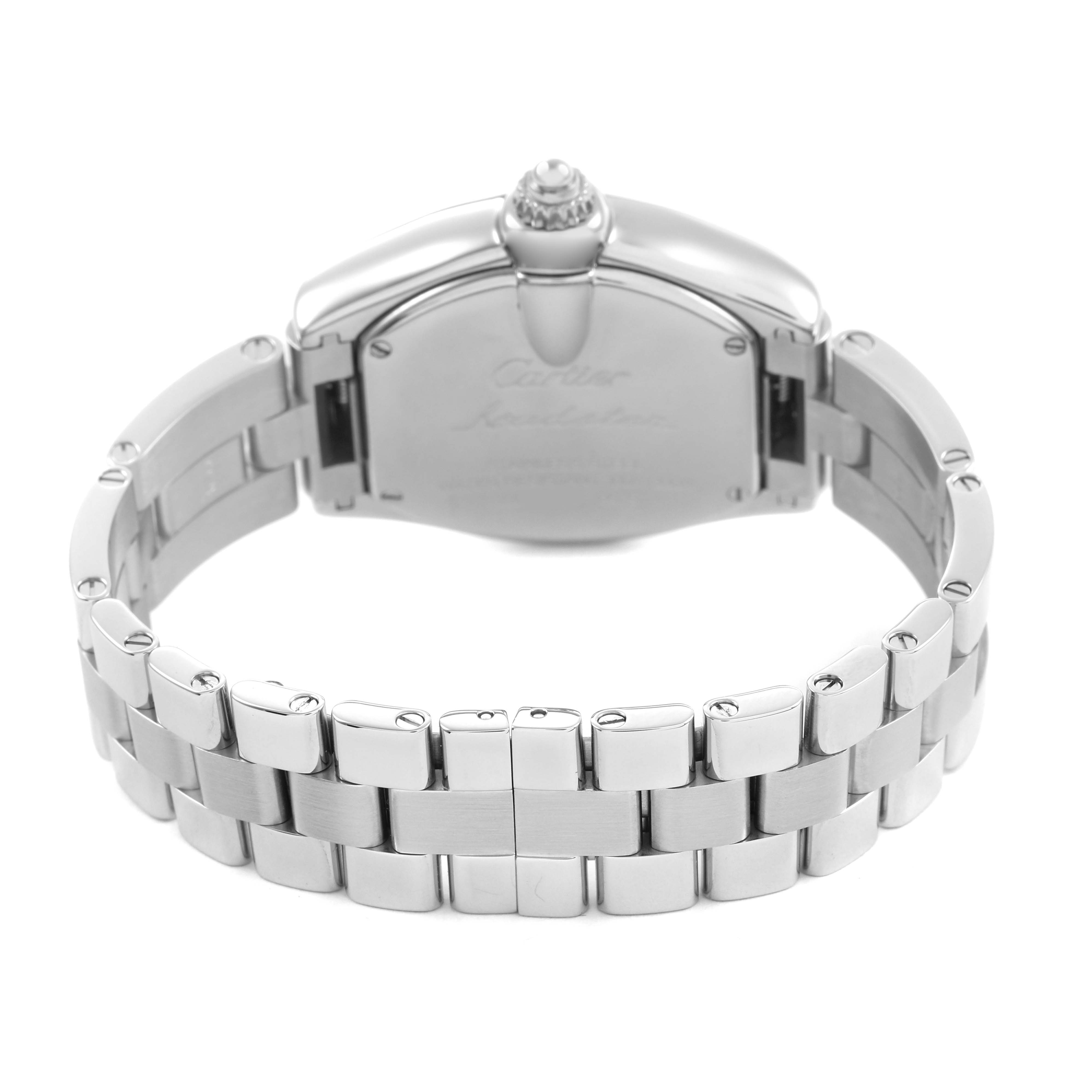 The image shows the back and bracelet of a Cartier Roadster W62016V3 Women's Stainless Steel Silver Dial watch with polished links and a visible clasp.