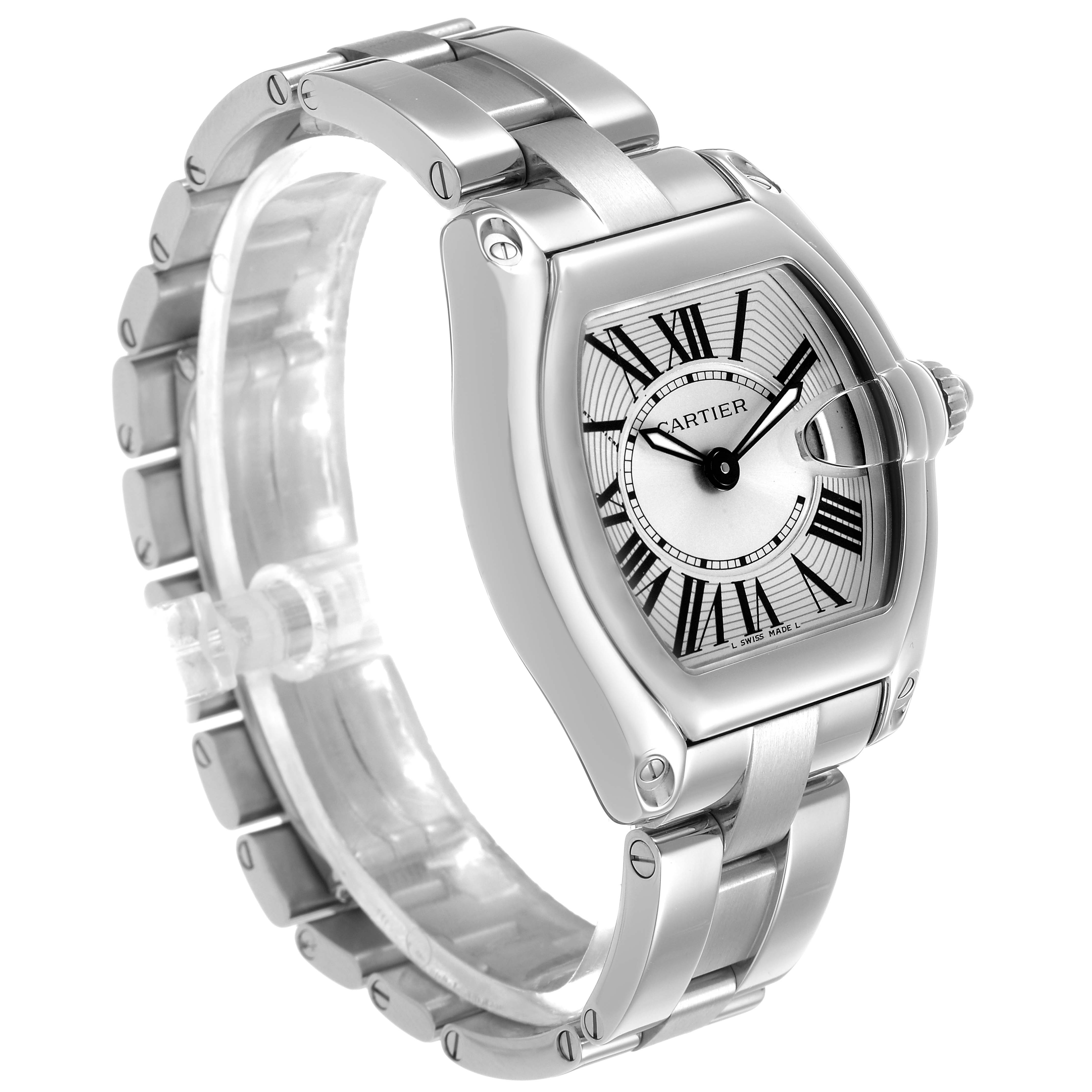 The Cartier Roadster W62016V3 Women's Stainless Steel Silver Dial watch is shown from a three-quarter angle, displaying the face, bracelet, and crown.