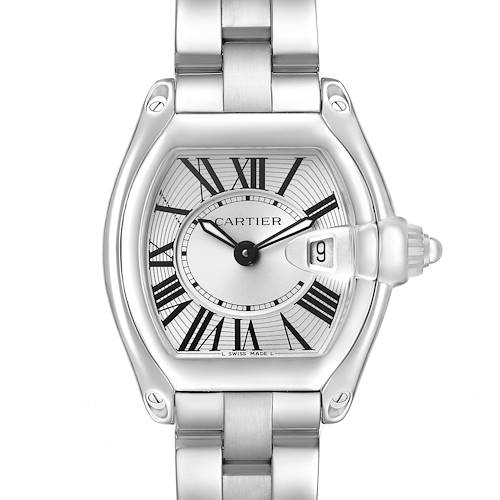 The Cartier Roadster W62016V3 Women's Stainless Steel Silver Dial watch is shown from the front, displaying the dial with Roman numerals, case, and bracelet.