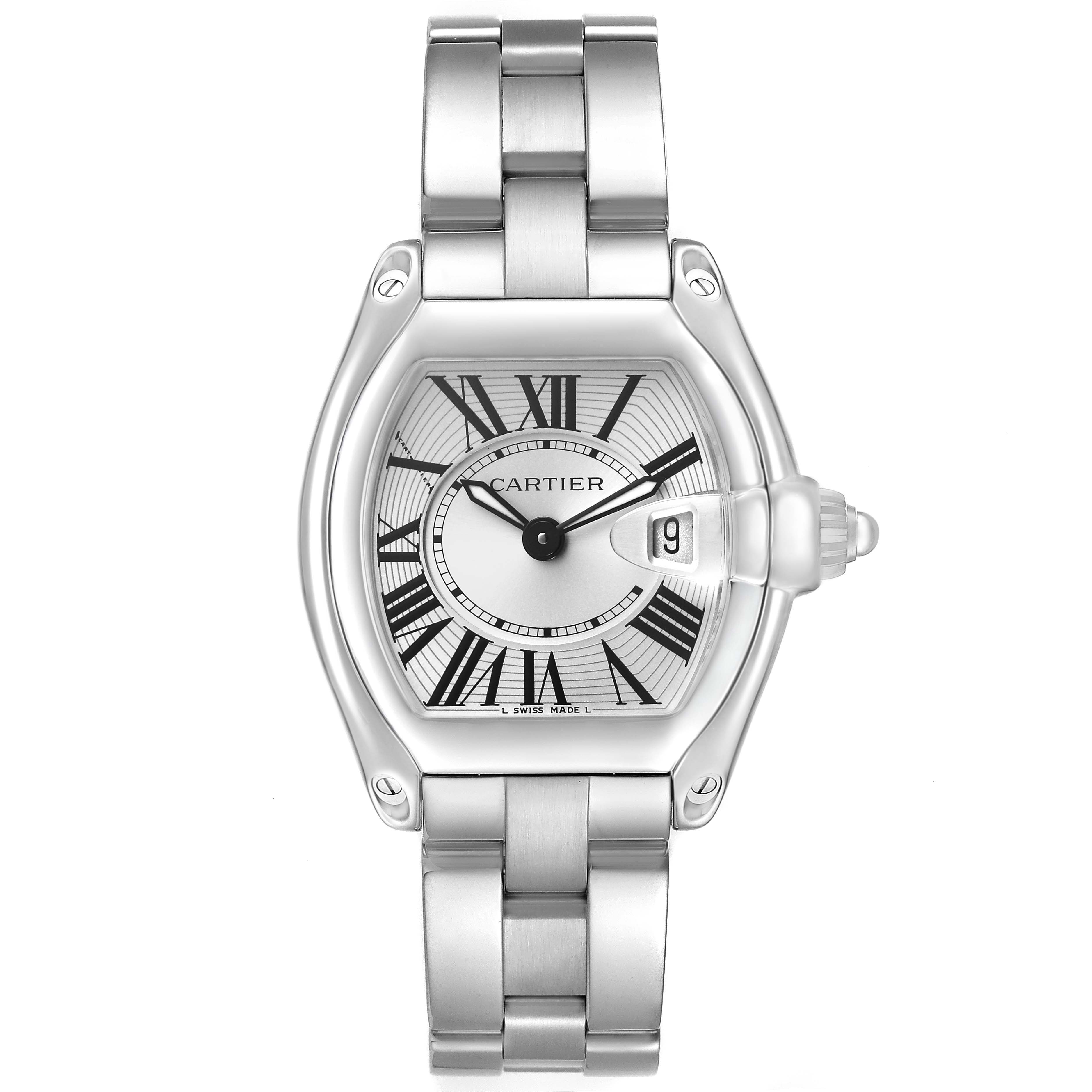 This image shows the Cartier Roadster W62016V3 Women's Stainless Steel Silver Dial watch from a front angle, highlighting the face, Roman numerals, and bracelet.