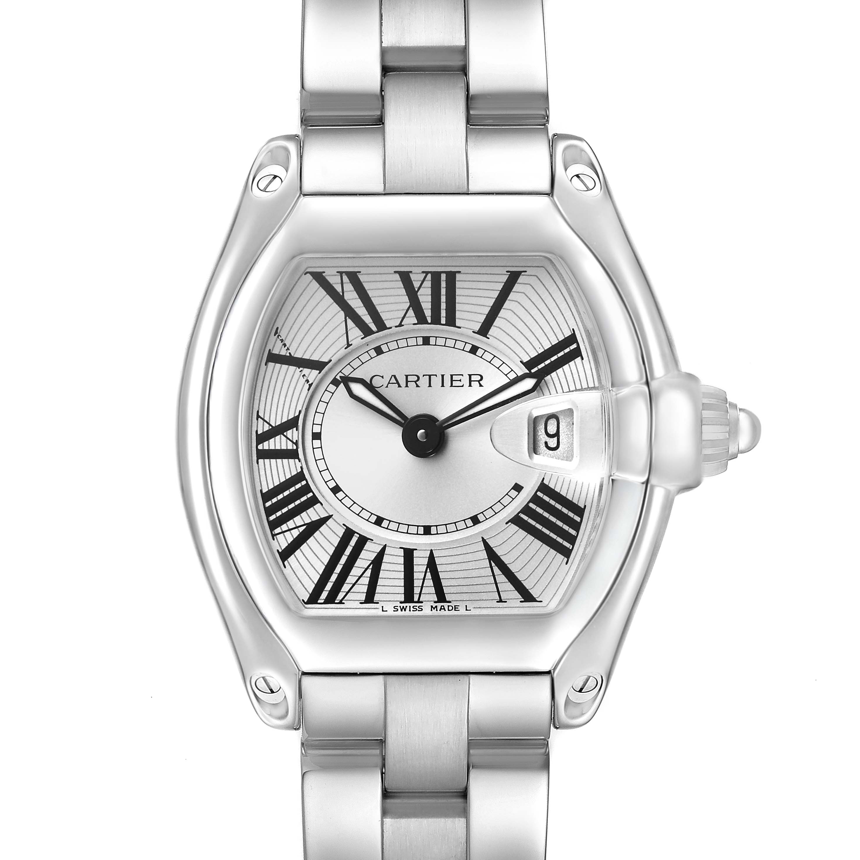 The Cartier Roadster W62016V3 Women's Stainless Steel Silver Dial watch is shown from the front, highlighting the dial, crown, and part of the bracelet.