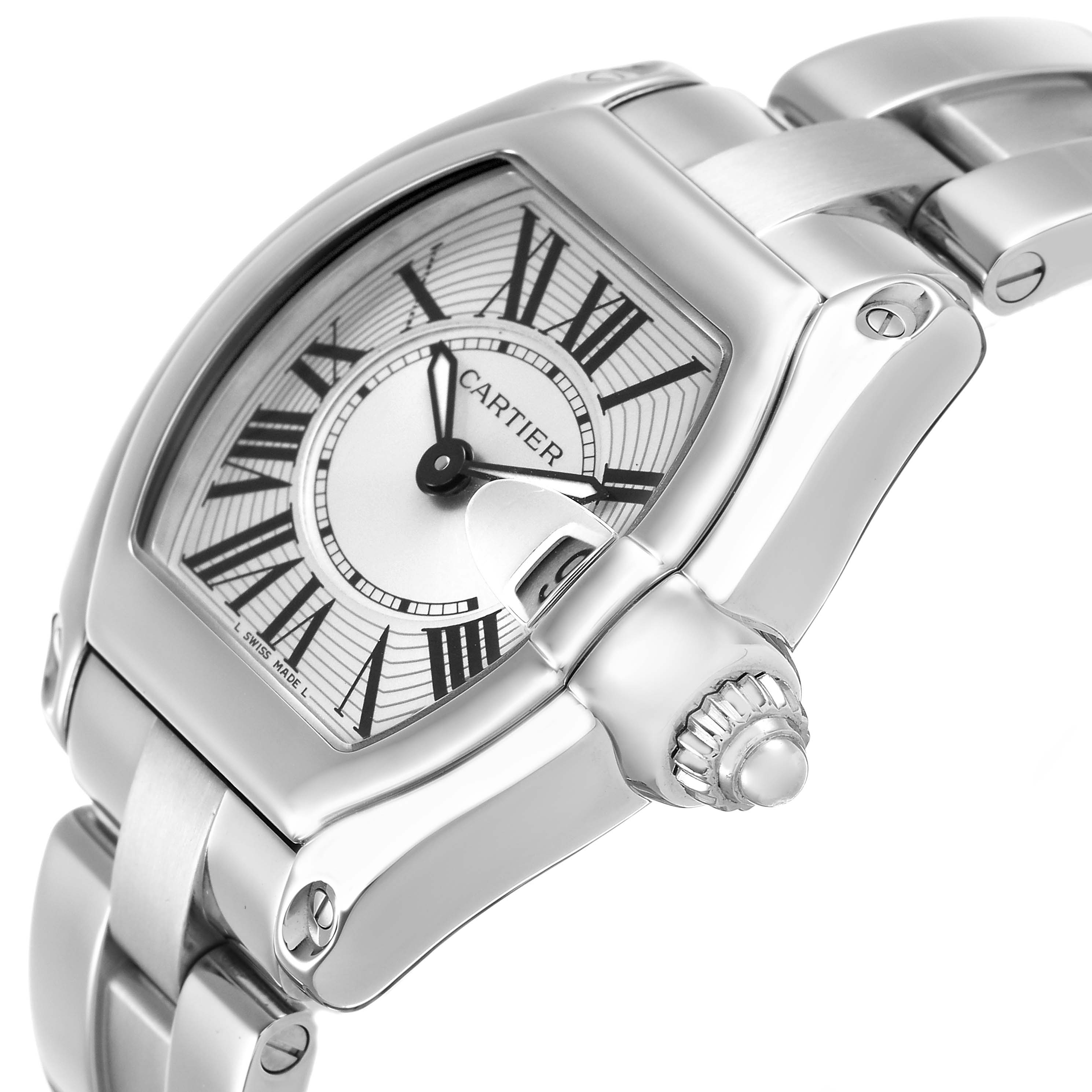 The Cartier Roadster W62016V3 Women's Stainless Steel Silver Dial watch is shown at a side angle highlighting the dial, bezel, crown, and part of the bracelet.