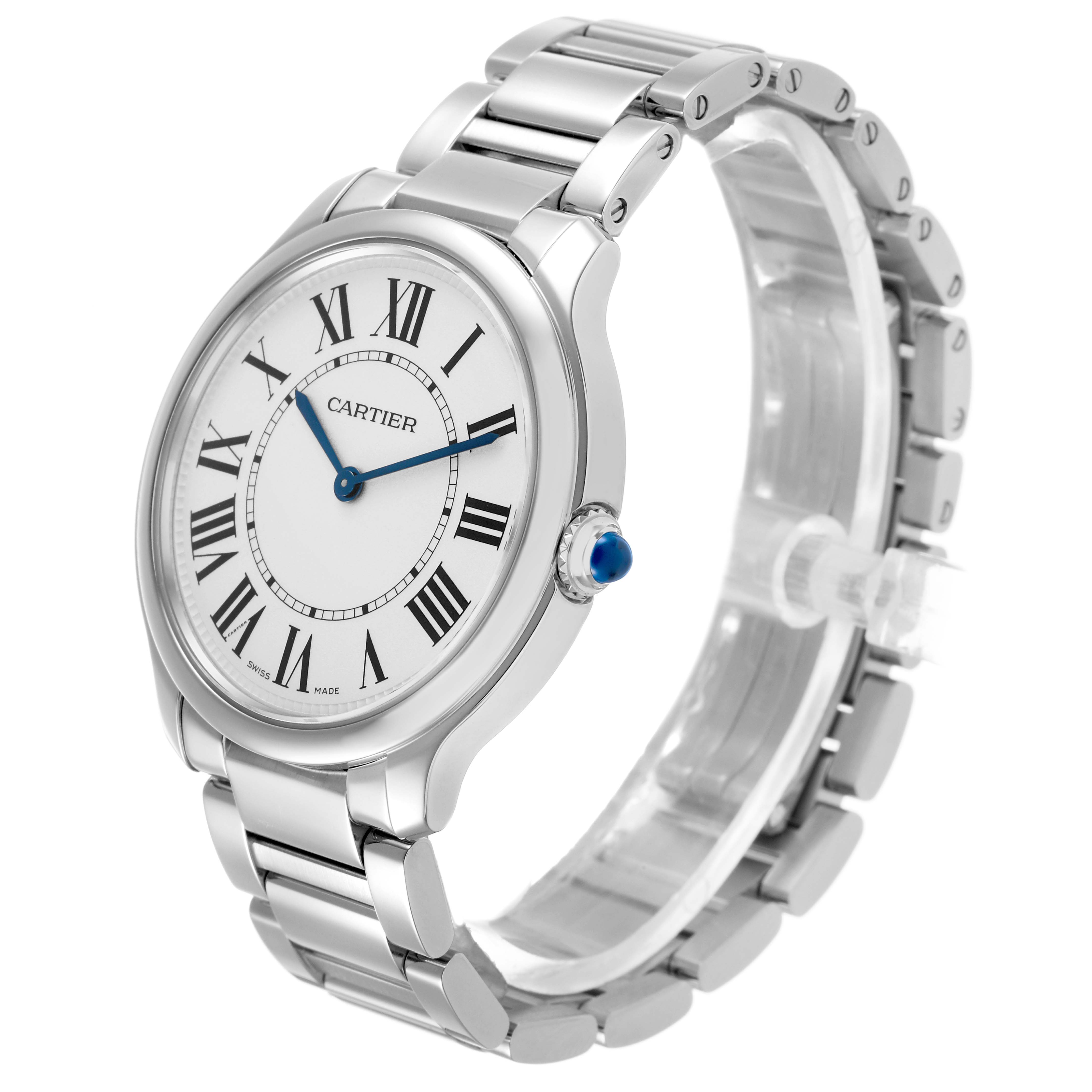 The Cartier Ronde WSRN0034 Men's Stainless Steel Silver Dial watch is shown at a three-quarter angle, highlighting the face, Roman numerals, blue hands, and metal bracelet.