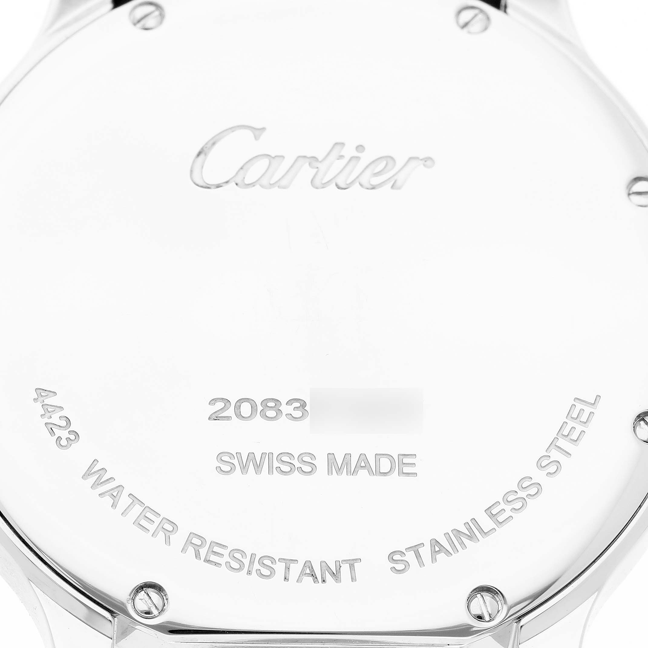 The image shows the case back of a Cartier Ronde WSRN0034 Men's Stainless Steel Silver Dial watch, highlighting the brand engraving and specifications.