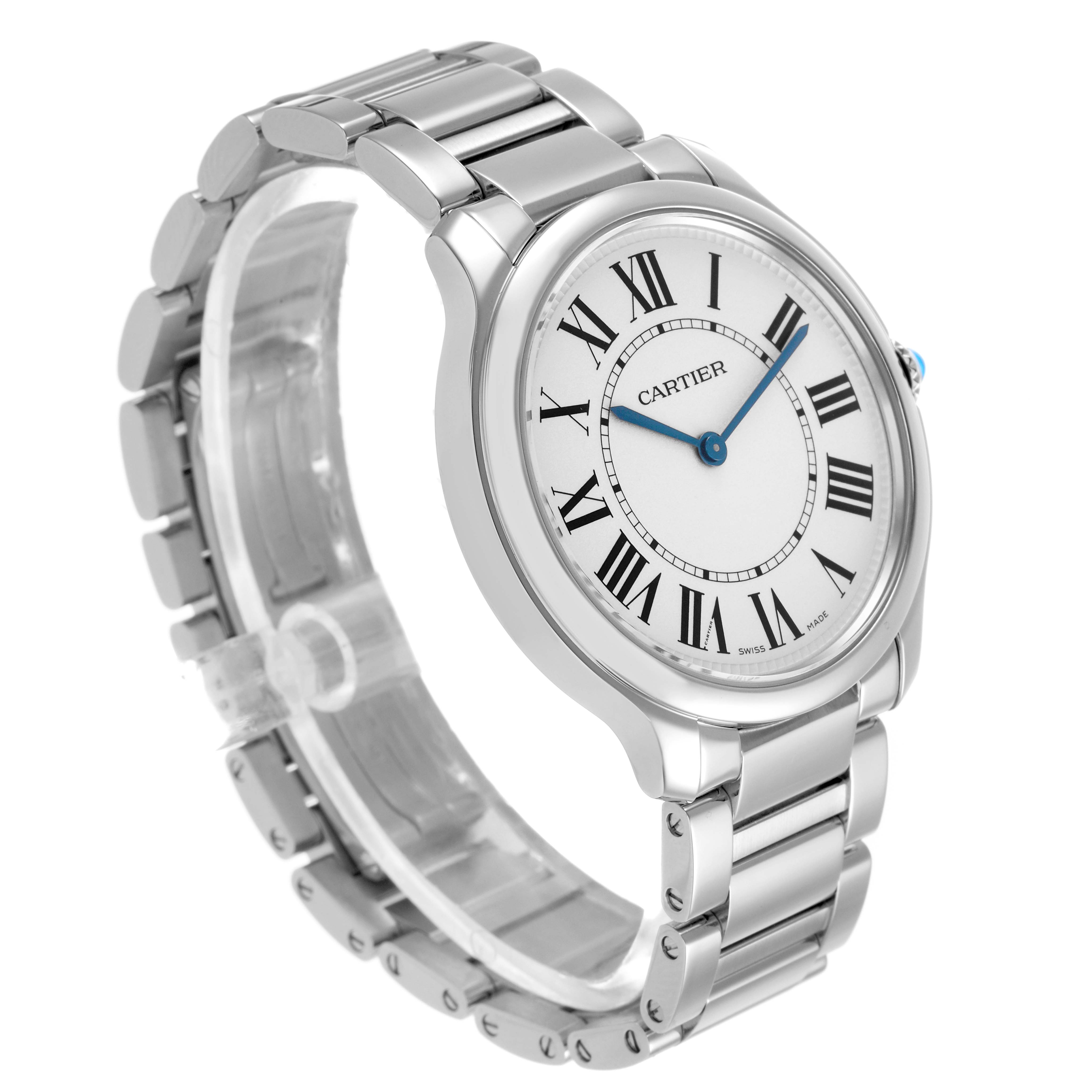 The Cartier Ronde WSRN0034 Men's Stainless Steel Silver Dial model is shown at a three-quarter angle, displaying the face and metal bracelet.