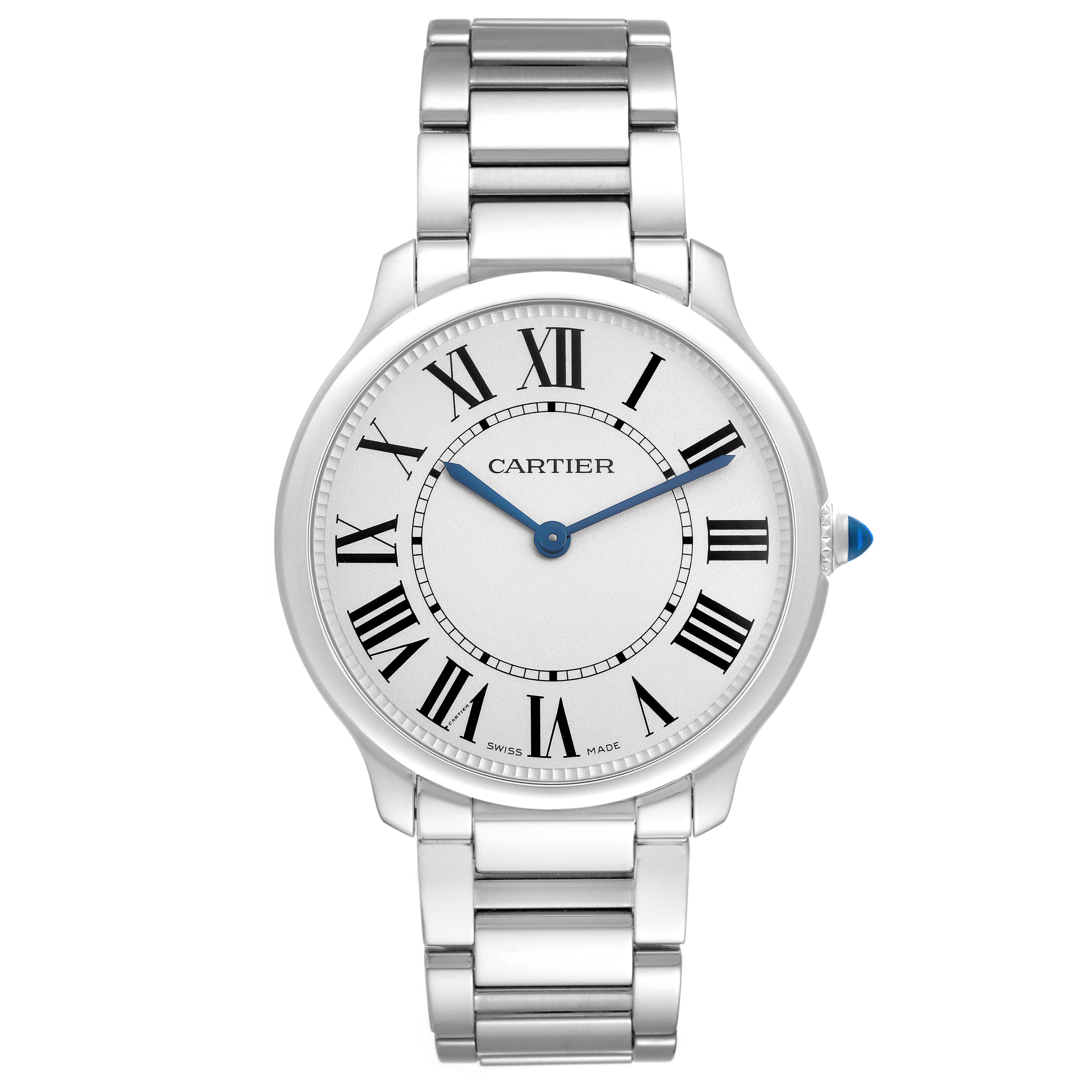 The Cartier Ronde WSRN0034 Men's Stainless Steel Silver Dial watch is shown from the front, displaying its face, Roman numerals, blue hands, and metal bracelet.