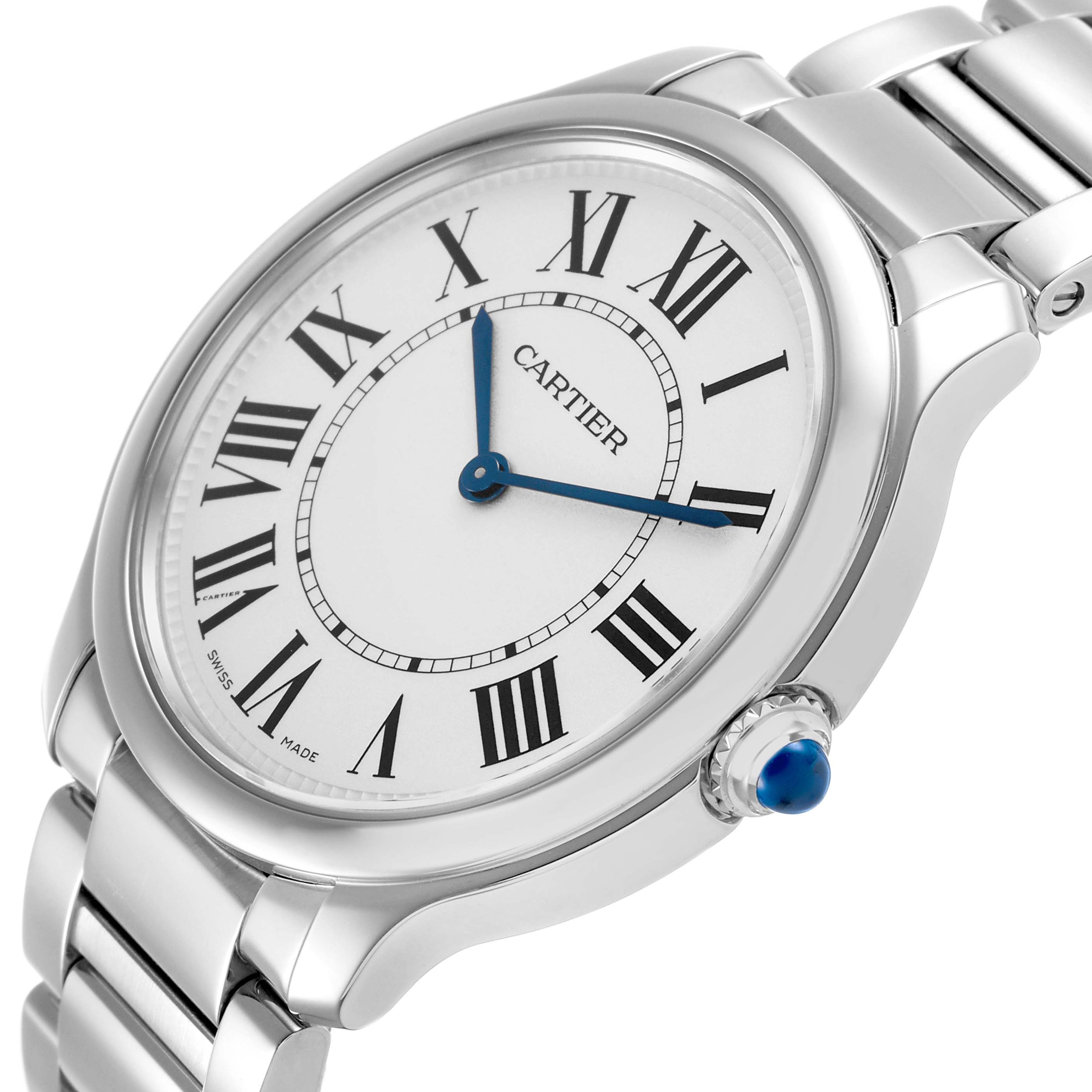 The Cartier Ronde WSRN0034 Men's Stainless Steel Silver Dial watch is shown at a slight angle, displaying the face, Roman numerals, hands, bezel, crown, and bracelet.