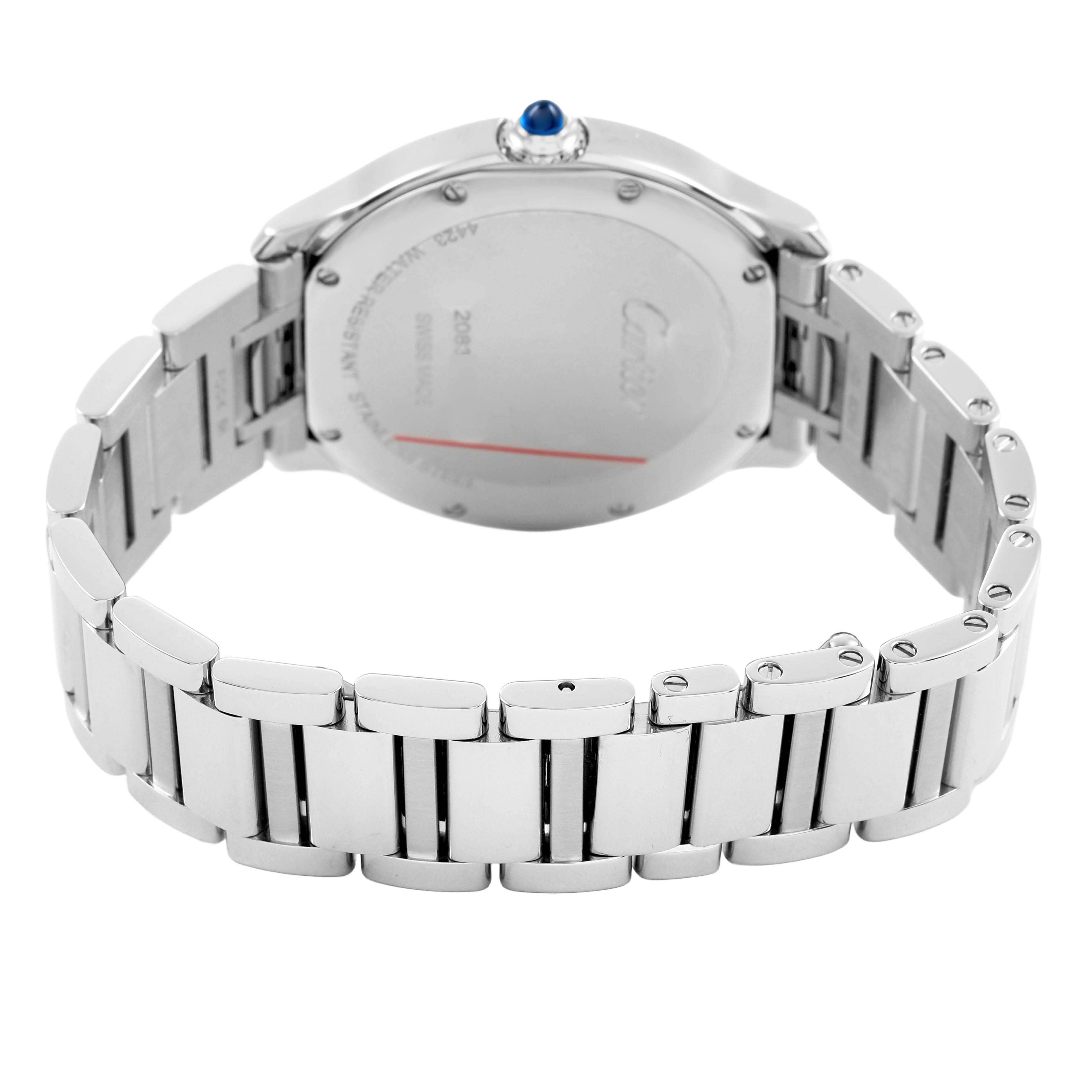 The Cartier Ronde WSRN0034 Men's Stainless Steel Silver Dial watch is shown from the back, highlighting its stainless steel bracelet and case with a visible crown.
