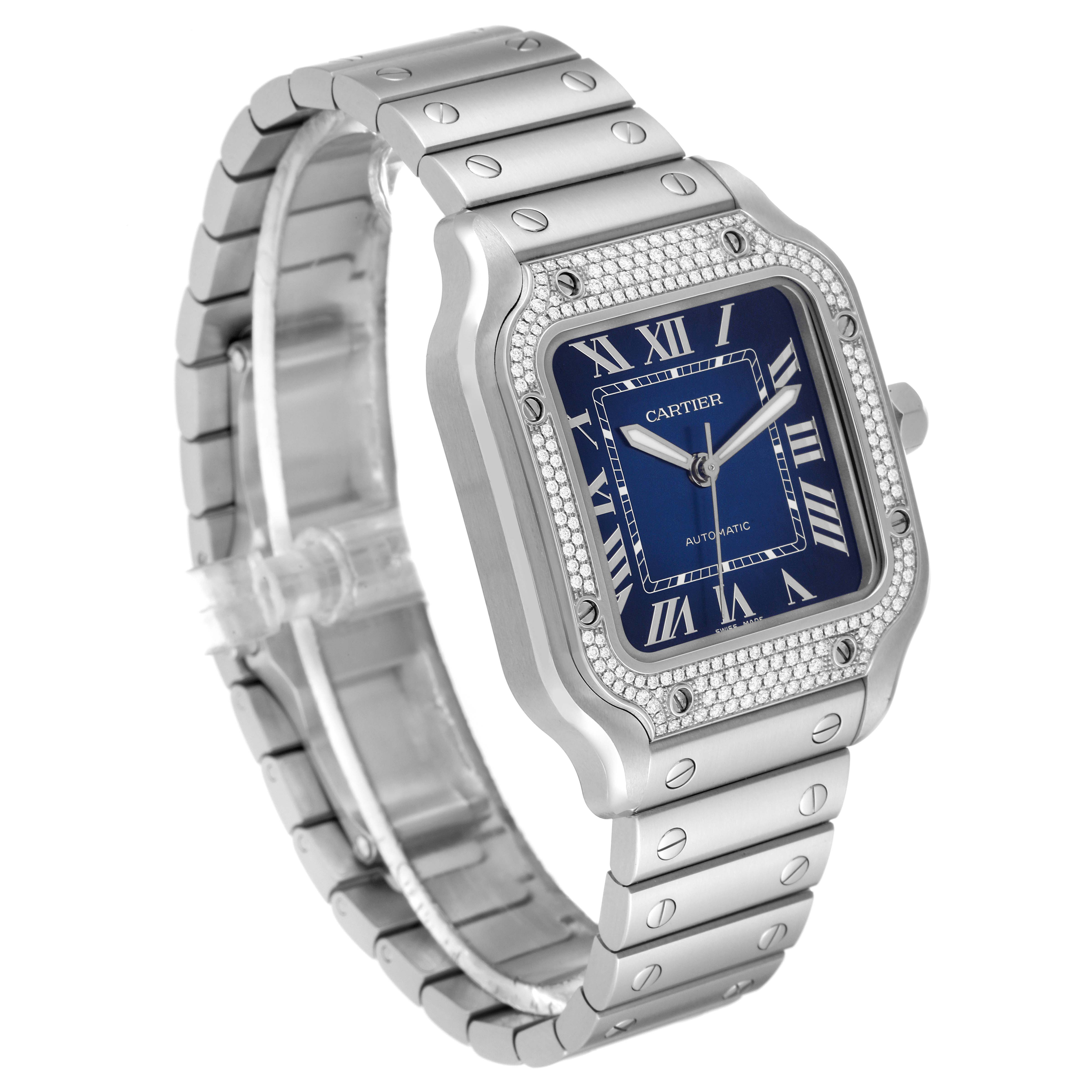 The Cartier Santos W4SA0006 Men's Stainless Steel Blue Dial W4SA0006 Men's Stainless Steel Blue Dial watch is shown at a three-quarter angle, displaying its face, bezel, and metal bracelet.