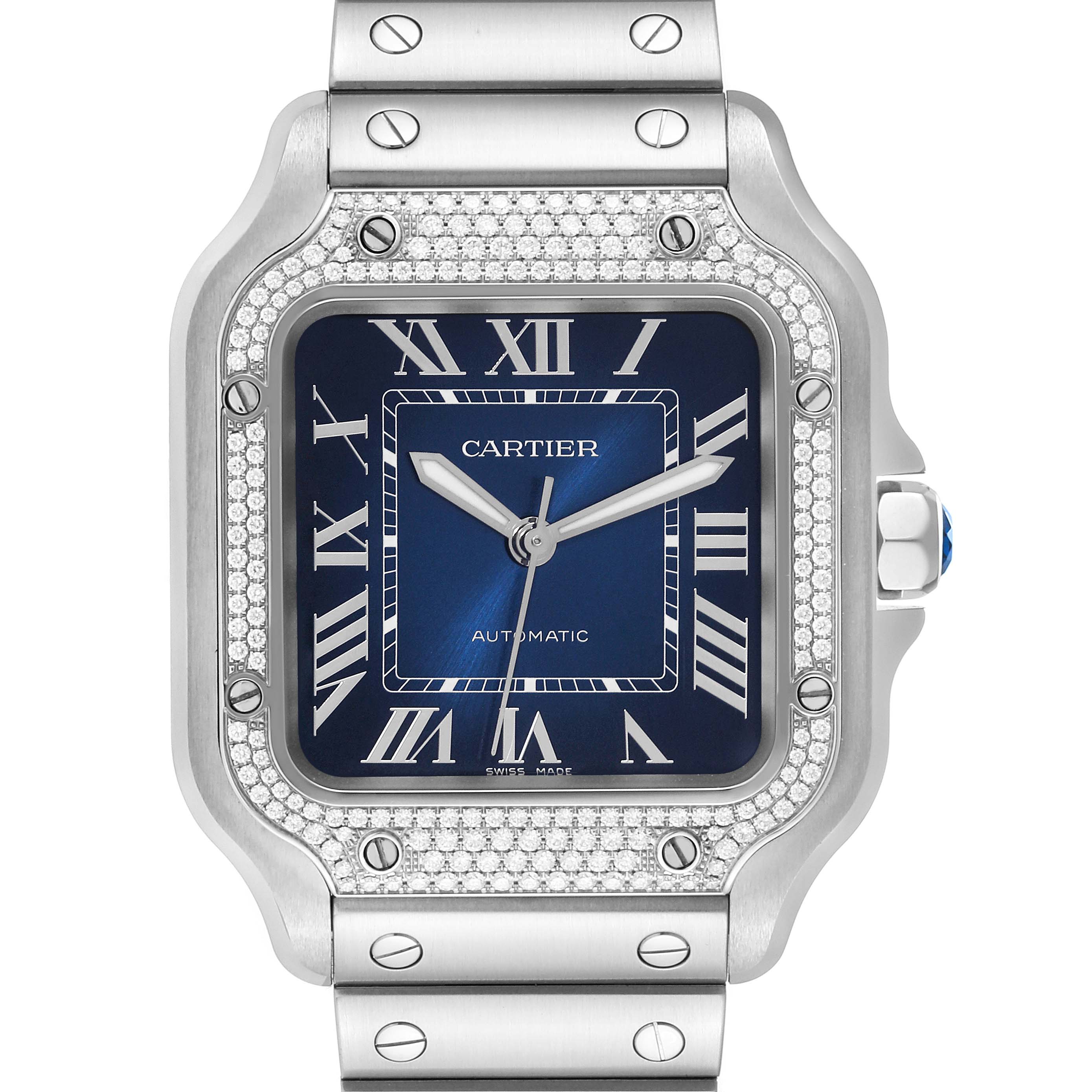 The image shows a close-up front angle of a Cartier Santos W4SA0006 Men's Stainless Steel Blue Dial W4SA0006 Men's Stainless Steel Blue Dial watch, highlighting the face, bezel, and part of the bracelet.