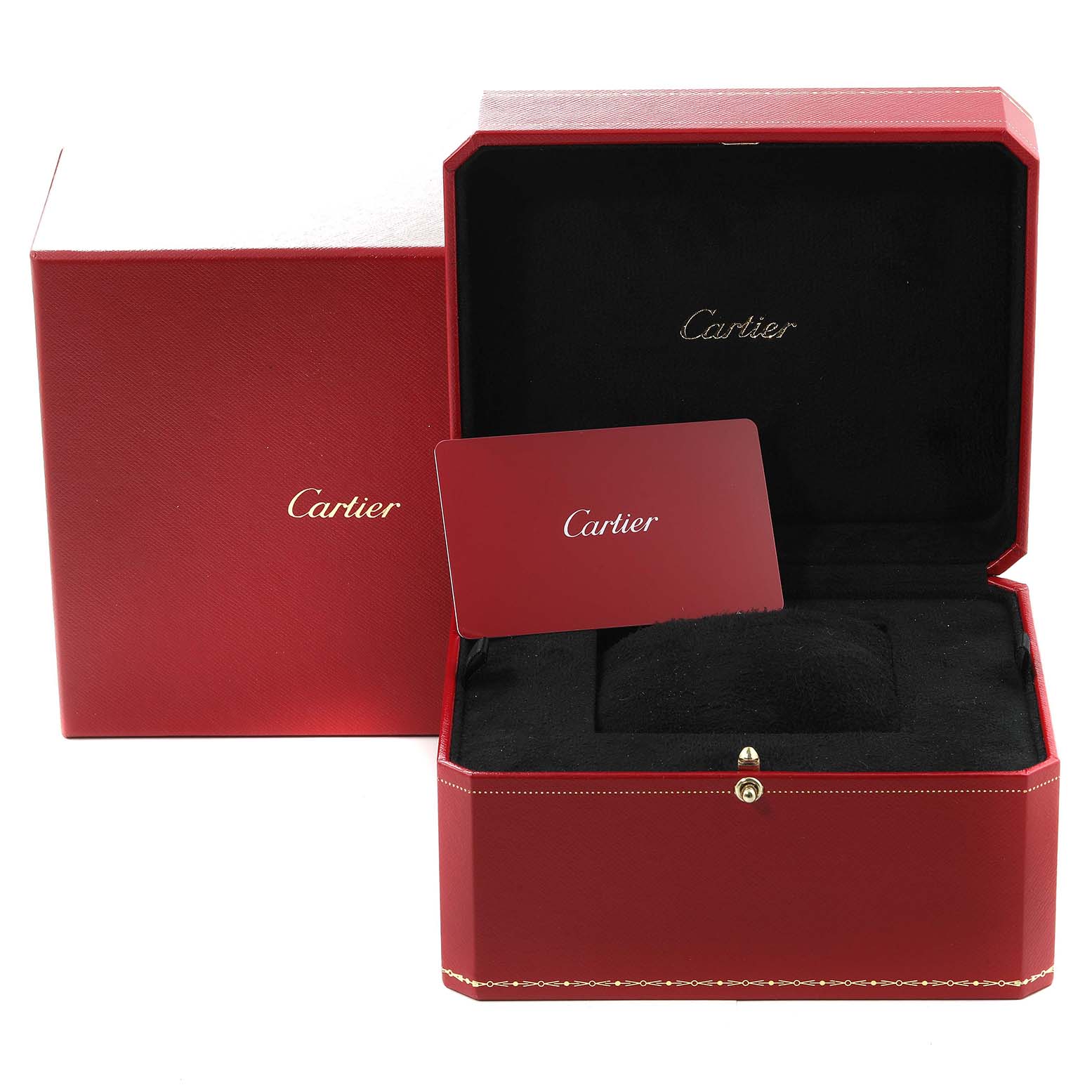 This image shows the red packaging box and inner cushioning for a Cartier Santos W4SA0006 Men's Stainless Steel Blue Dial W4SA0006 Men's Stainless Steel Blue Dial model watch.