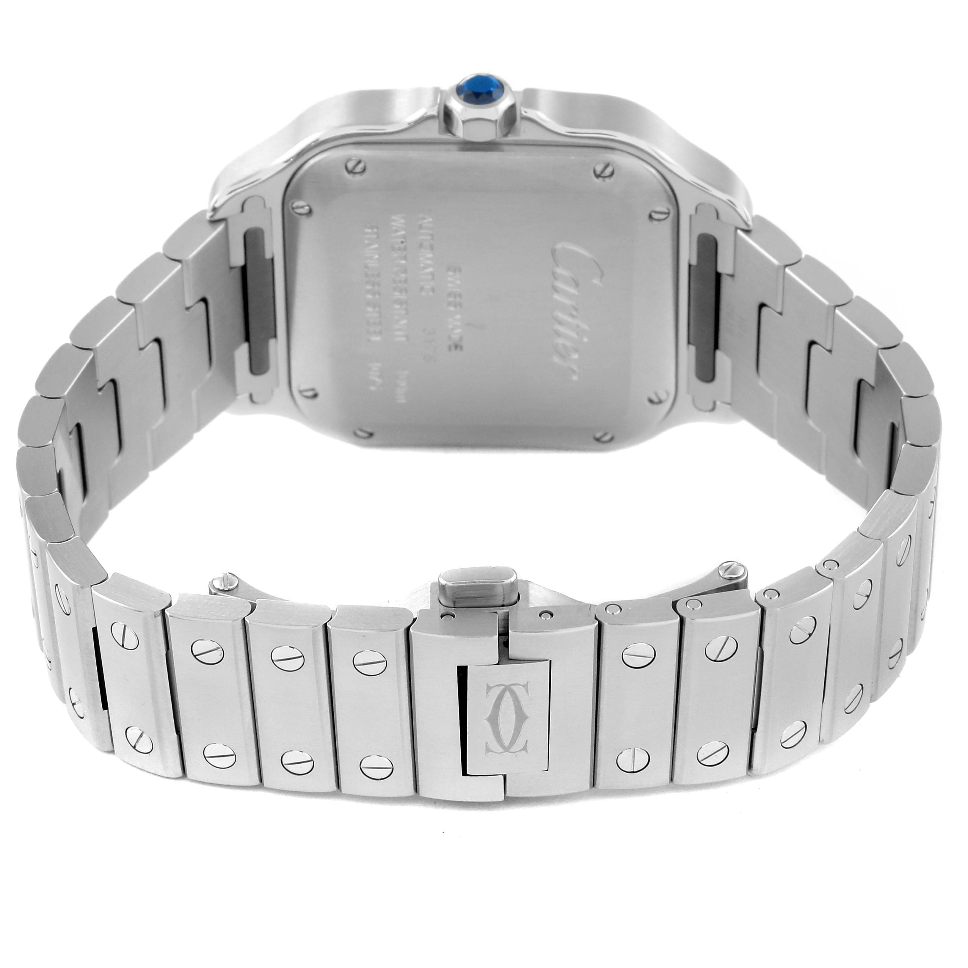 The image shows the back case, crown, and metal bracelet of a Cartier Santos W4SA0006 Men's Stainless Steel Blue Dial W4SA0006 Men's Stainless Steel Blue Dial watch from a rear angle.