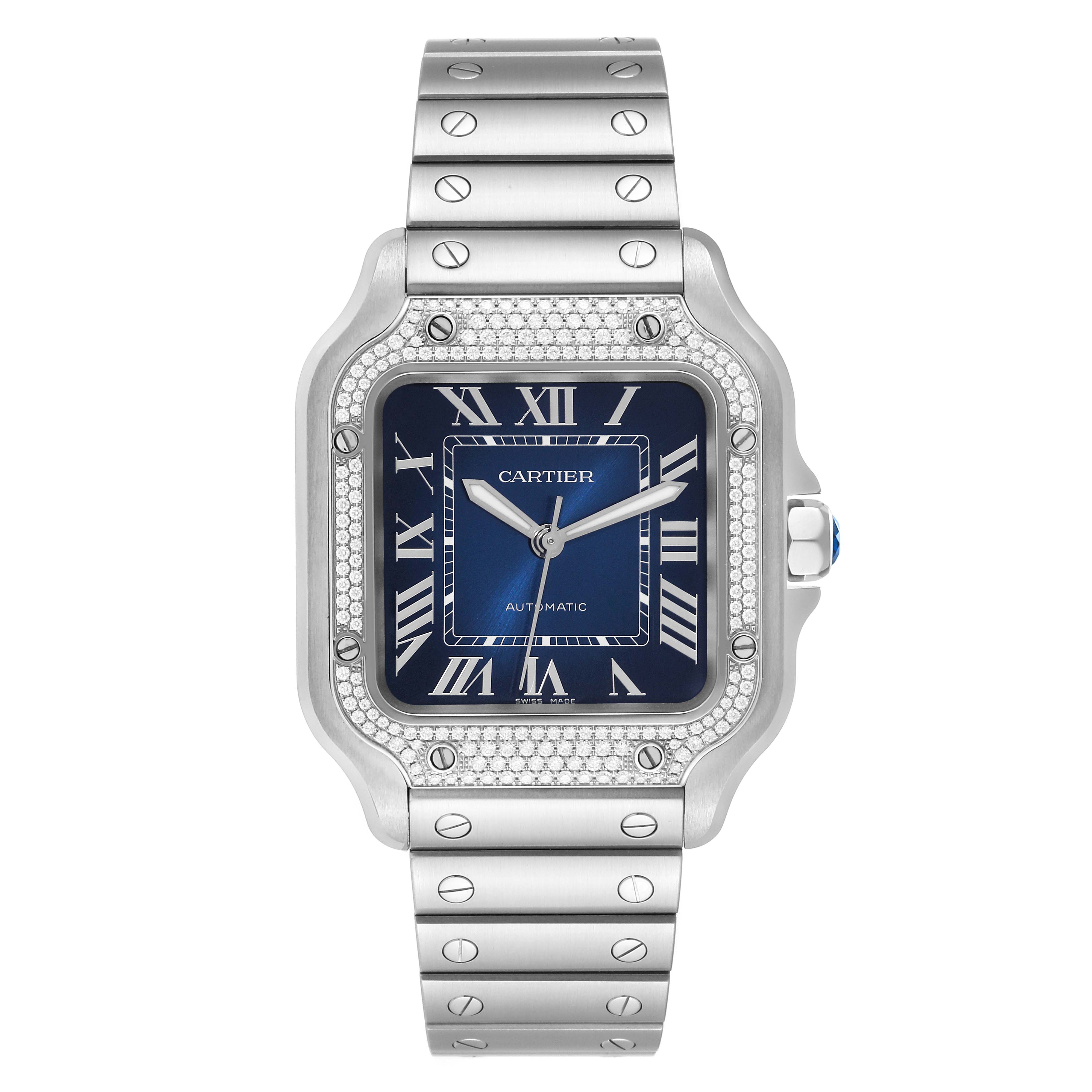 This image shows a Cartier Santos W4SA0006 Men's Stainless Steel Blue Dial W4SA0006 Men's Stainless Steel Blue Dial model watch, fully face-on, displaying the dial, bezel, and part of the bracelet.