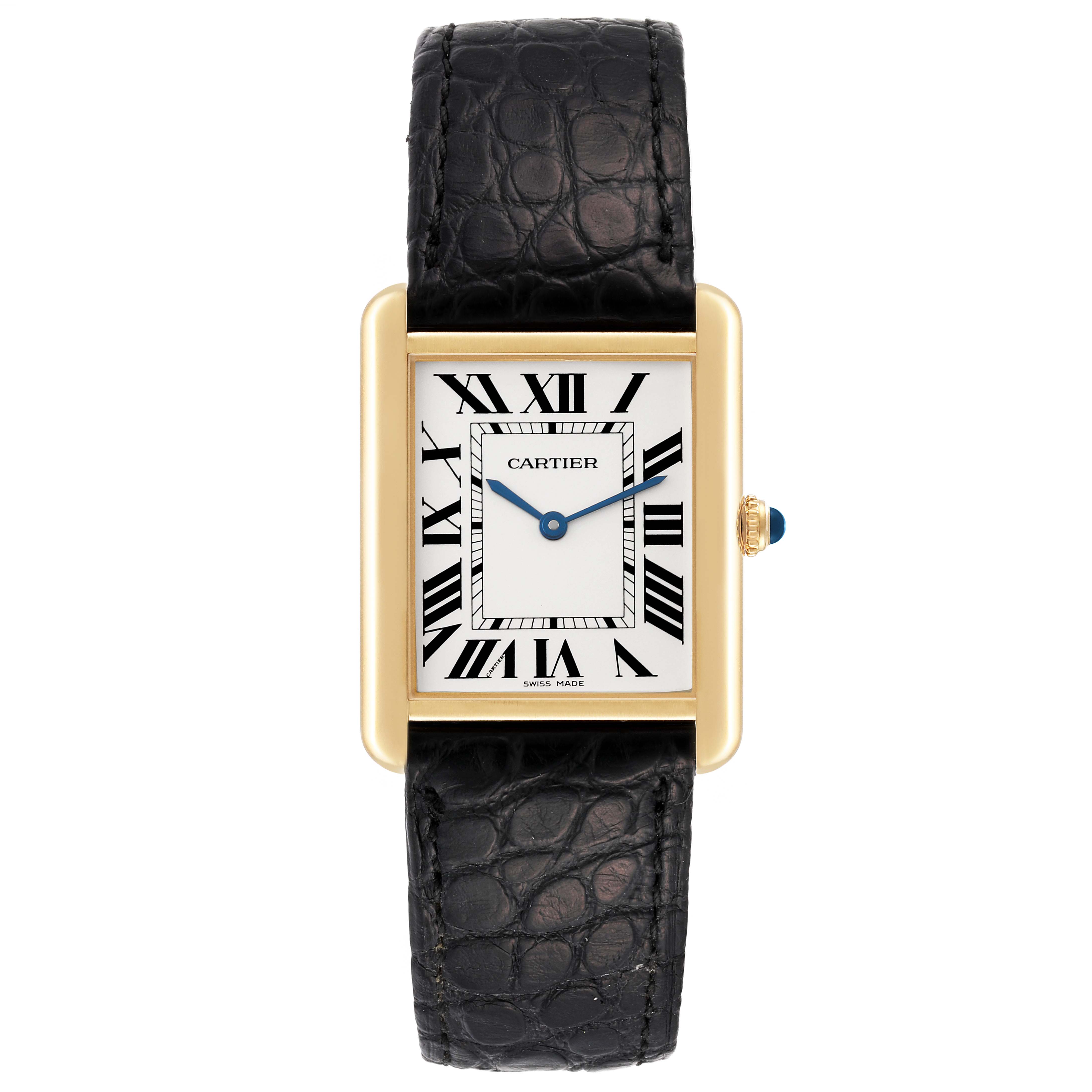The Cartier Tank Solo W1018855 Men
s Yellow Gold Silver Dial W1018855 Men
s Yellow Gold Silver Dial watch in this image is shown in a front view, highlighting its square face, black leather strap, and gold bezel.