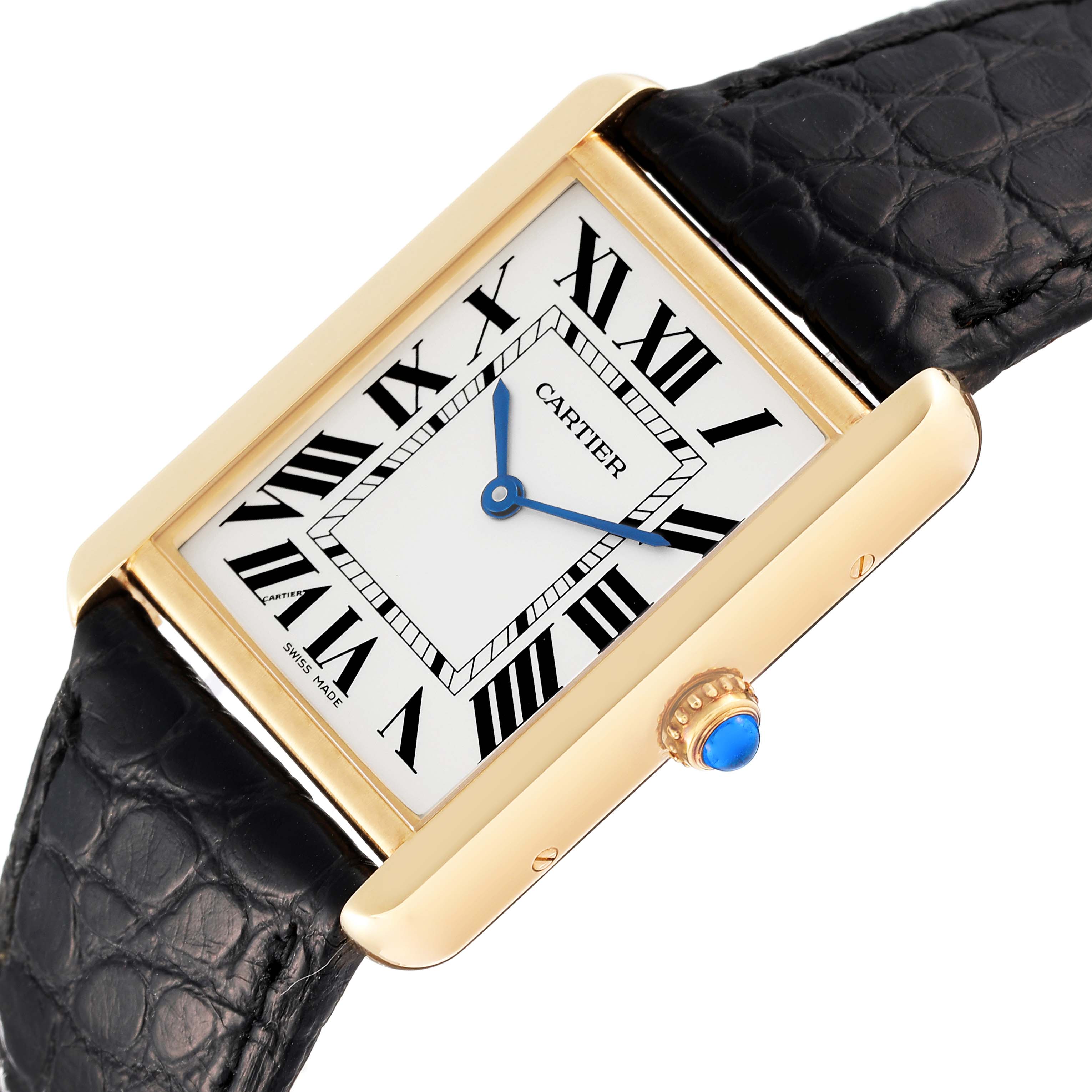 The image shows a Cartier Tank Solo W1018855 Men
s Yellow Gold Silver Dial W1018855 Men
s Yellow Gold Silver Dial watch at an angled view, highlighting its rectangular face, blue hands, and black leather strap.