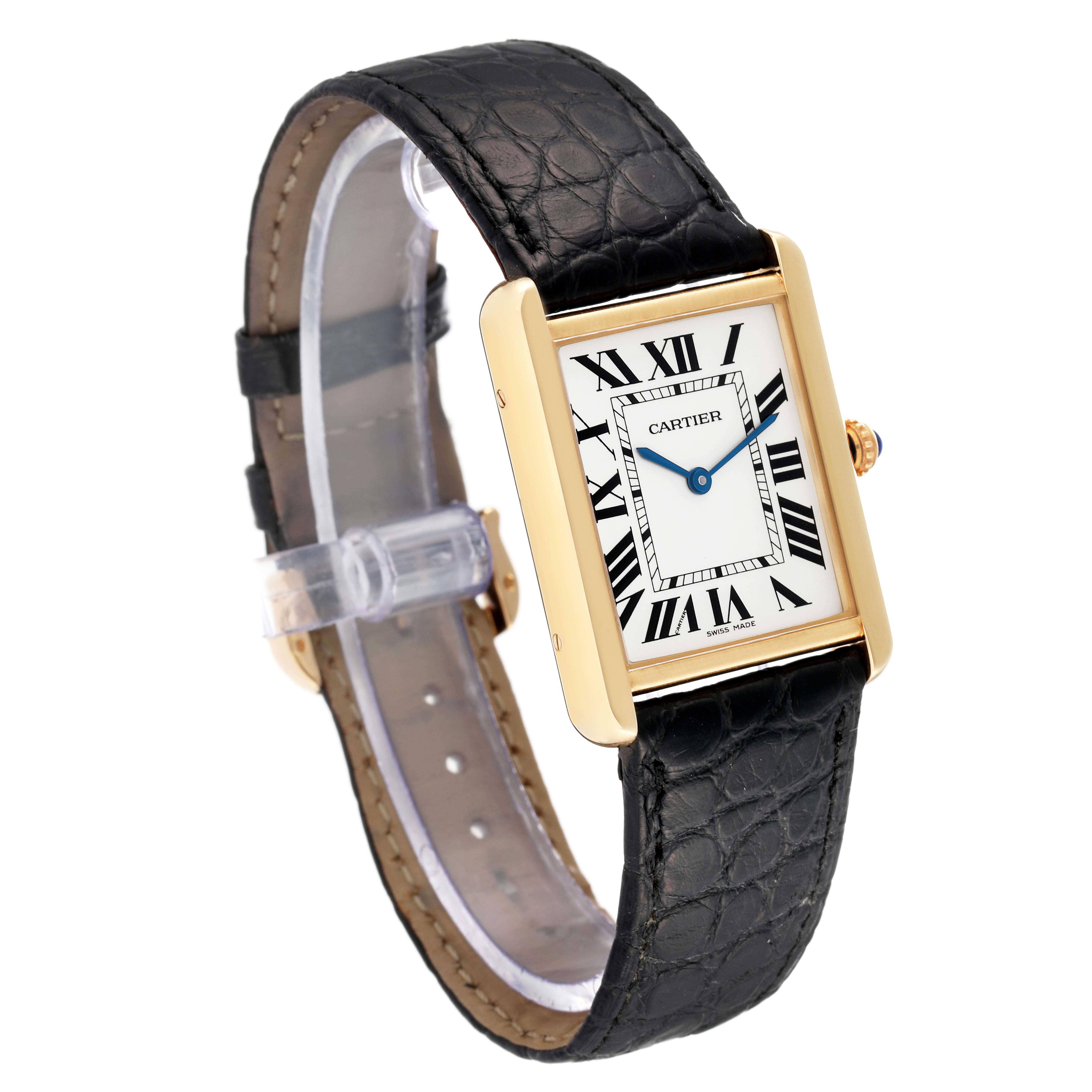 This Cartier Tank Solo W1018855 Men
s Yellow Gold Silver Dial W1018855 Men
s Yellow Gold Silver Dial watch is shown at a three-quarter angle, displaying its rectangular face, Roman numerals, and leather strap.