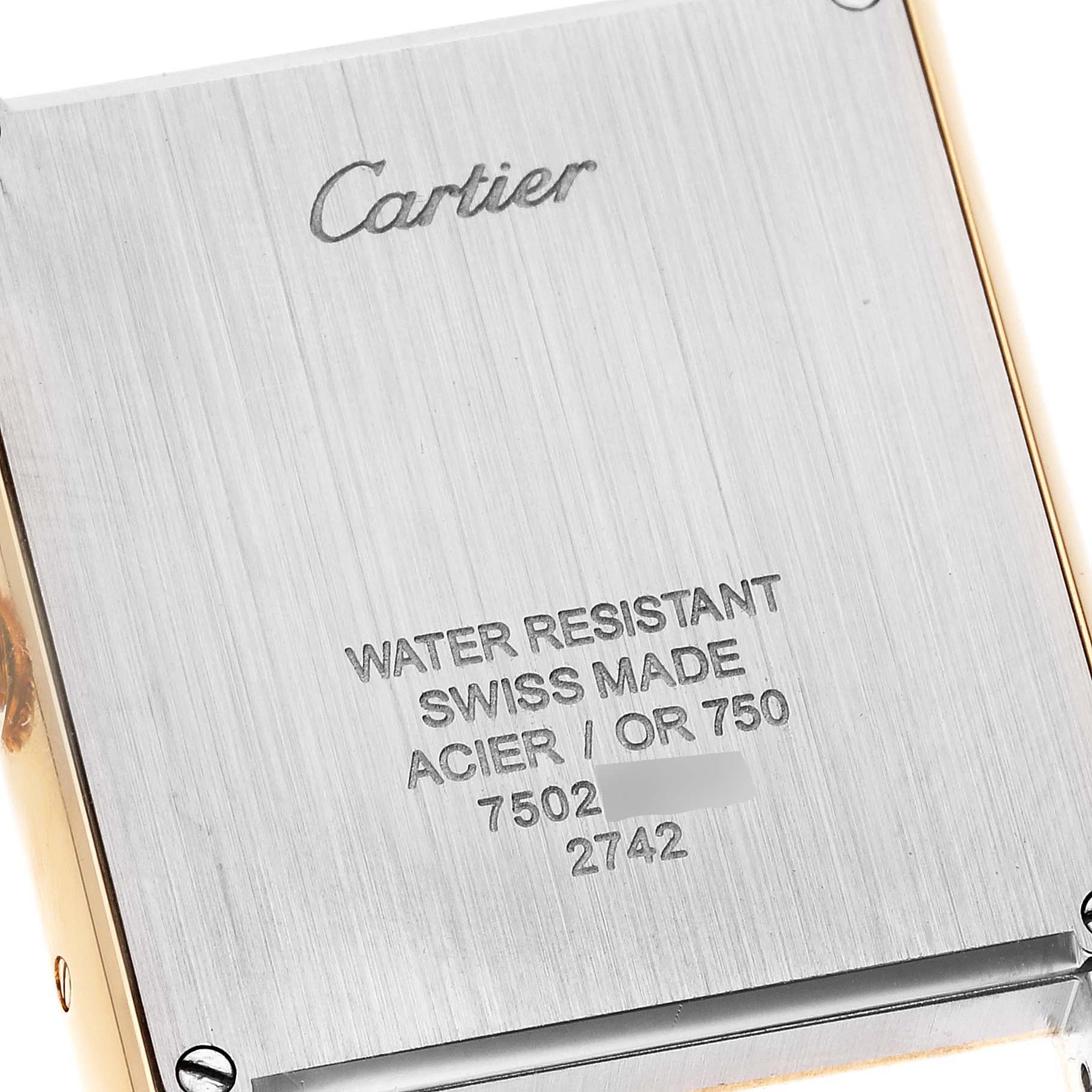 The image shows the back case of a Cartier Tank Solo W1018855 Men
s Yellow Gold Silver Dial W1018855 Men
s Yellow Gold Silver Dial watch, highlighting the model
s specifications and branding.