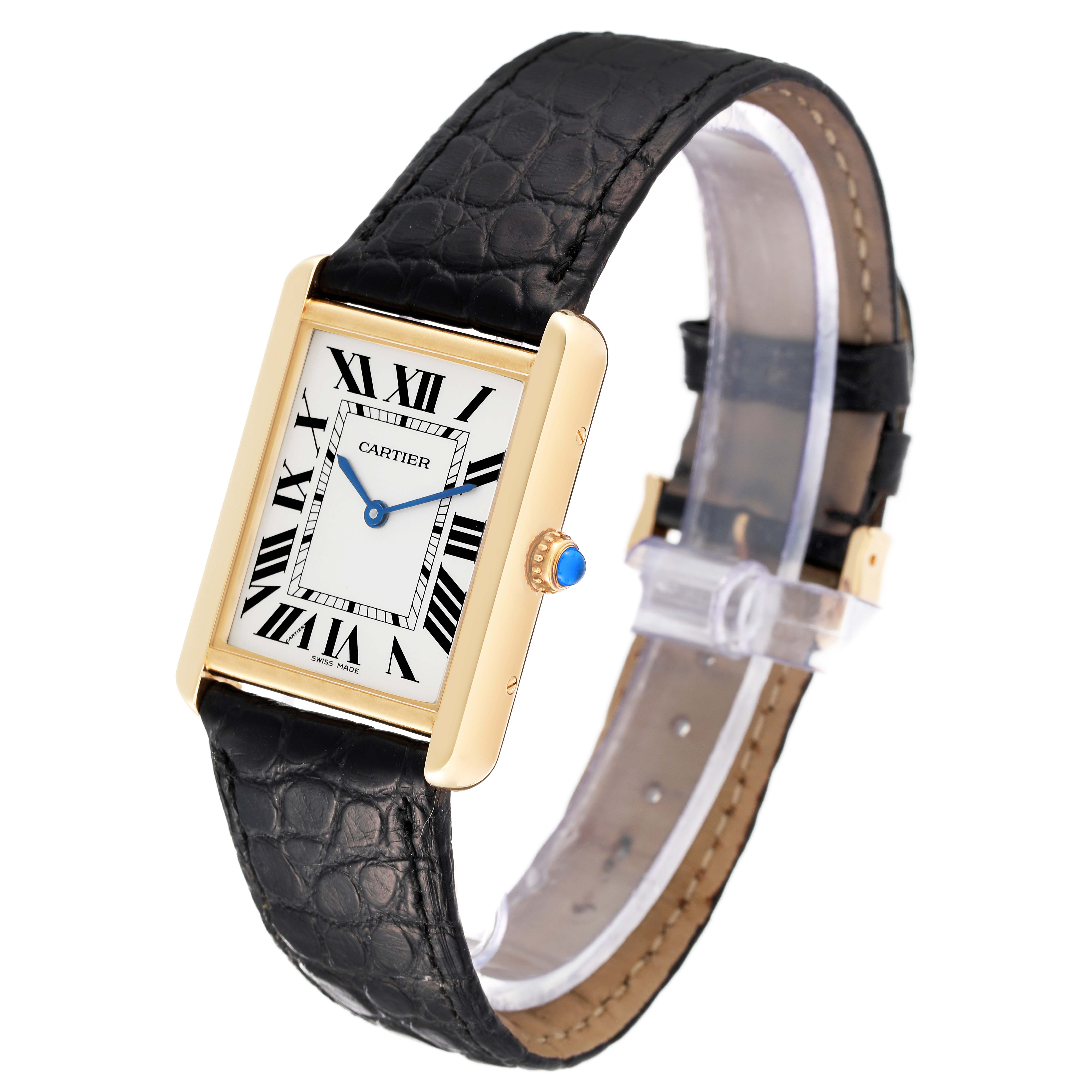 This is a Cartier Tank Solo W1018855 Men
s Yellow Gold Silver Dial W1018855 Men
s Yellow Gold Silver Dial watch shown at a three-quarter angle, highlighting its rectangular dial, Roman numerals, and leather strap.