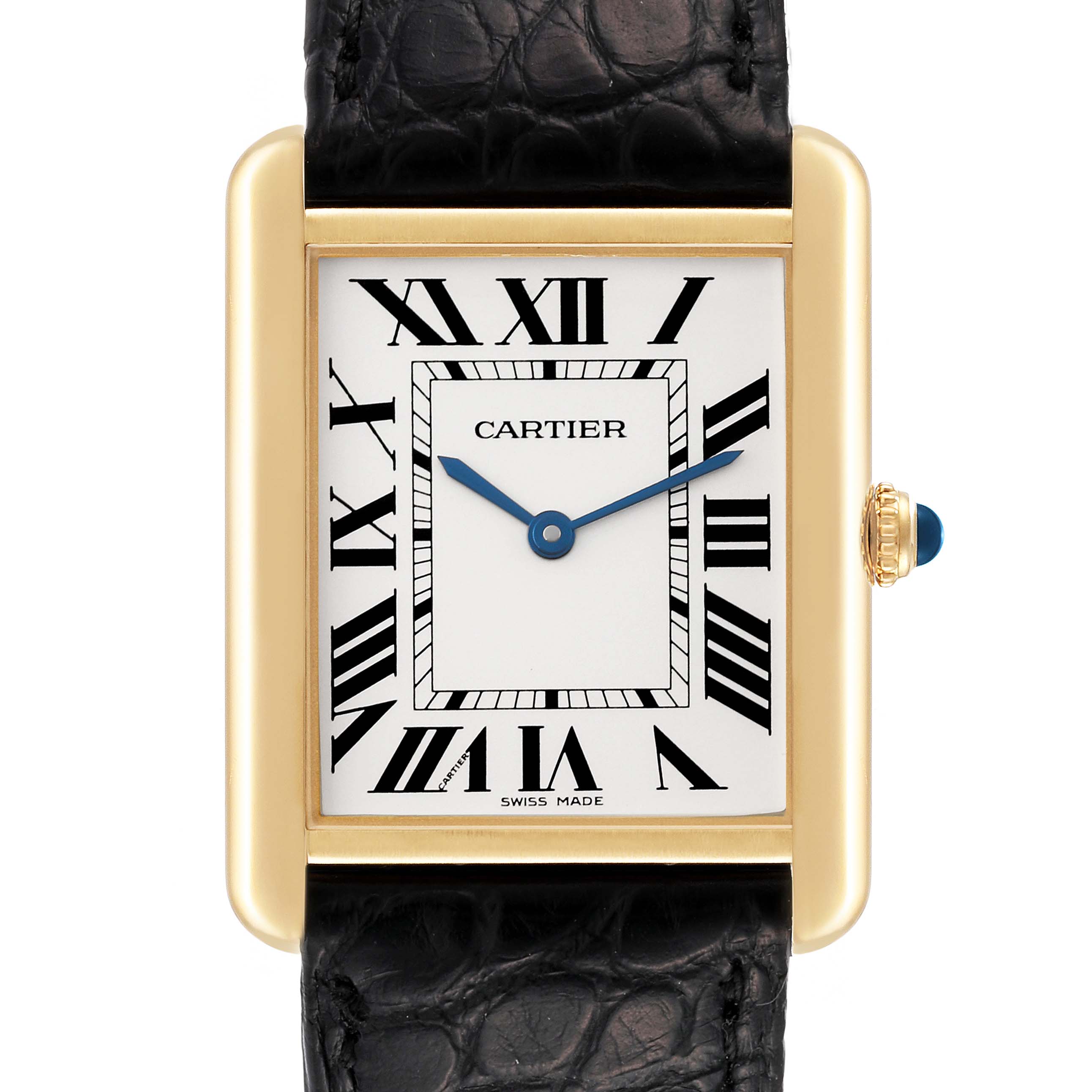 This image shows a front view of a Cartier Tank Solo W1018855 Men
s Yellow Gold Silver Dial W1018855 Men
s Yellow Gold Silver Dial watch, highlighting its rectangular case, Roman numerals, and leather strap.