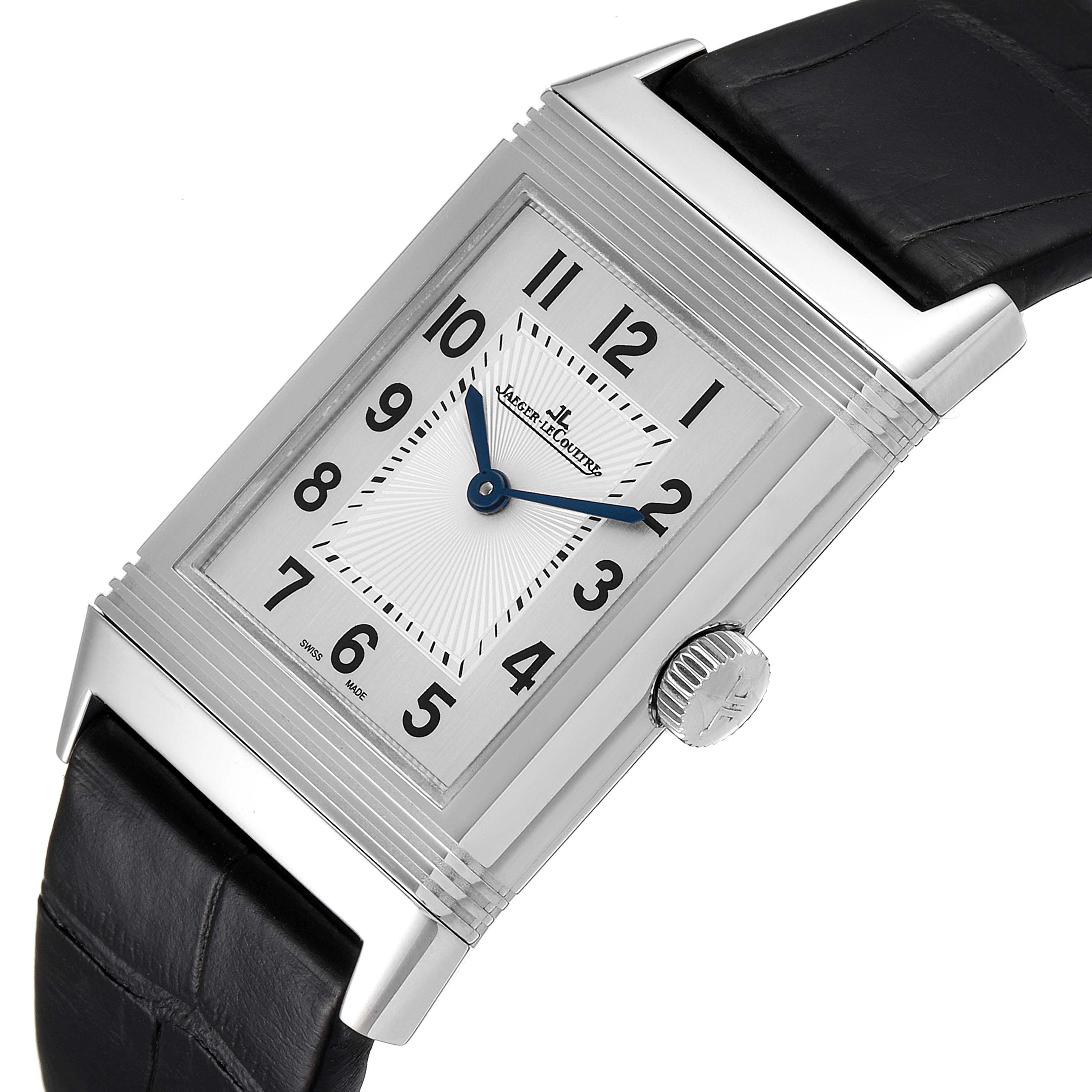 The image shows a close-up angled view of the face, crown, and part of the strap of a Jaeger LeCoultre Reverso Q2548520 Men's Stainless Steel Silver Dial Q2548520 Men's Stainless Steel Silver Dial watch.