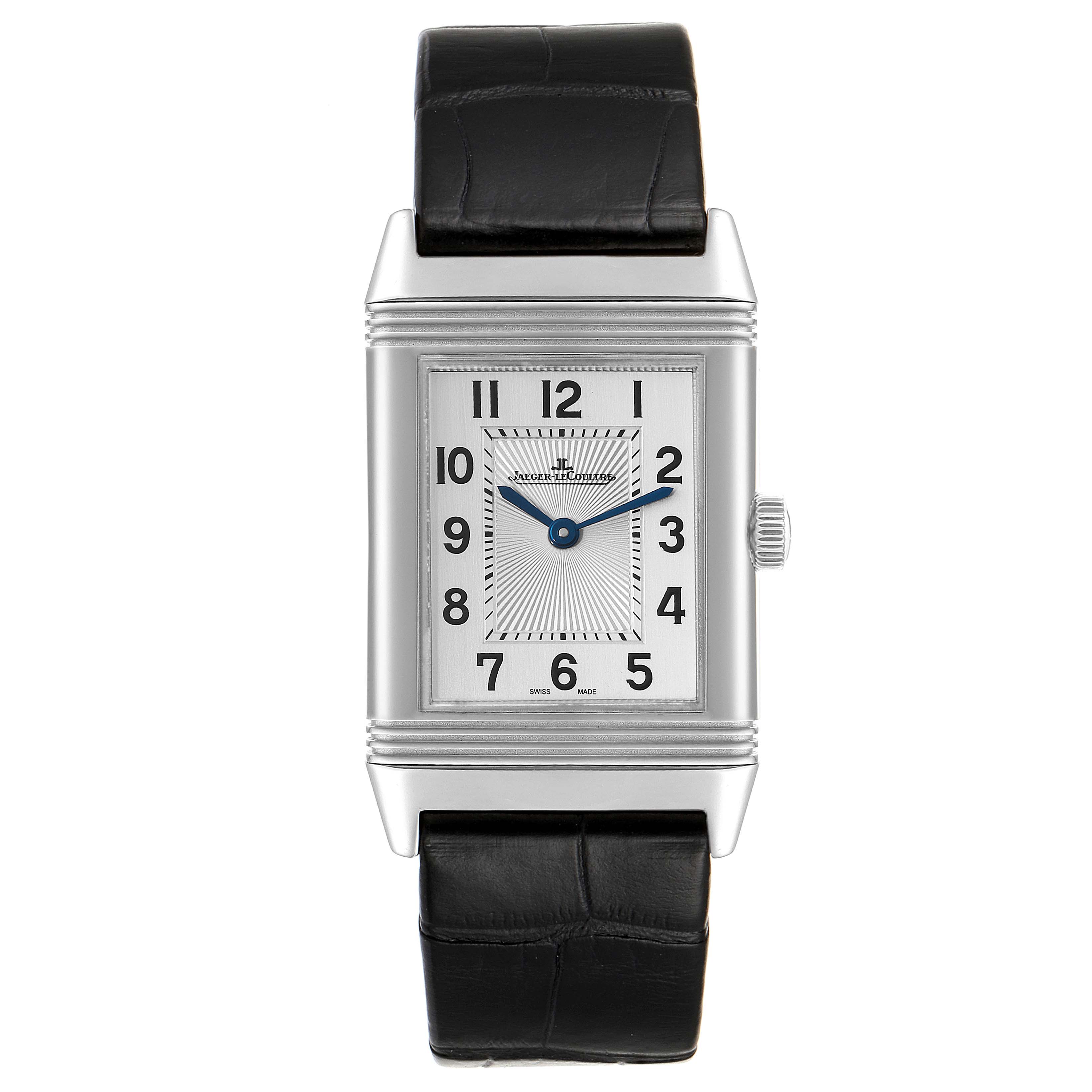 This image shows a frontal view of the Jaeger LeCoultre Reverso Q2548520 Men's Stainless Steel Silver Dial Q2548520 Men's Stainless Steel Silver Dial watch, highlighting its face, dial, case, and strap.