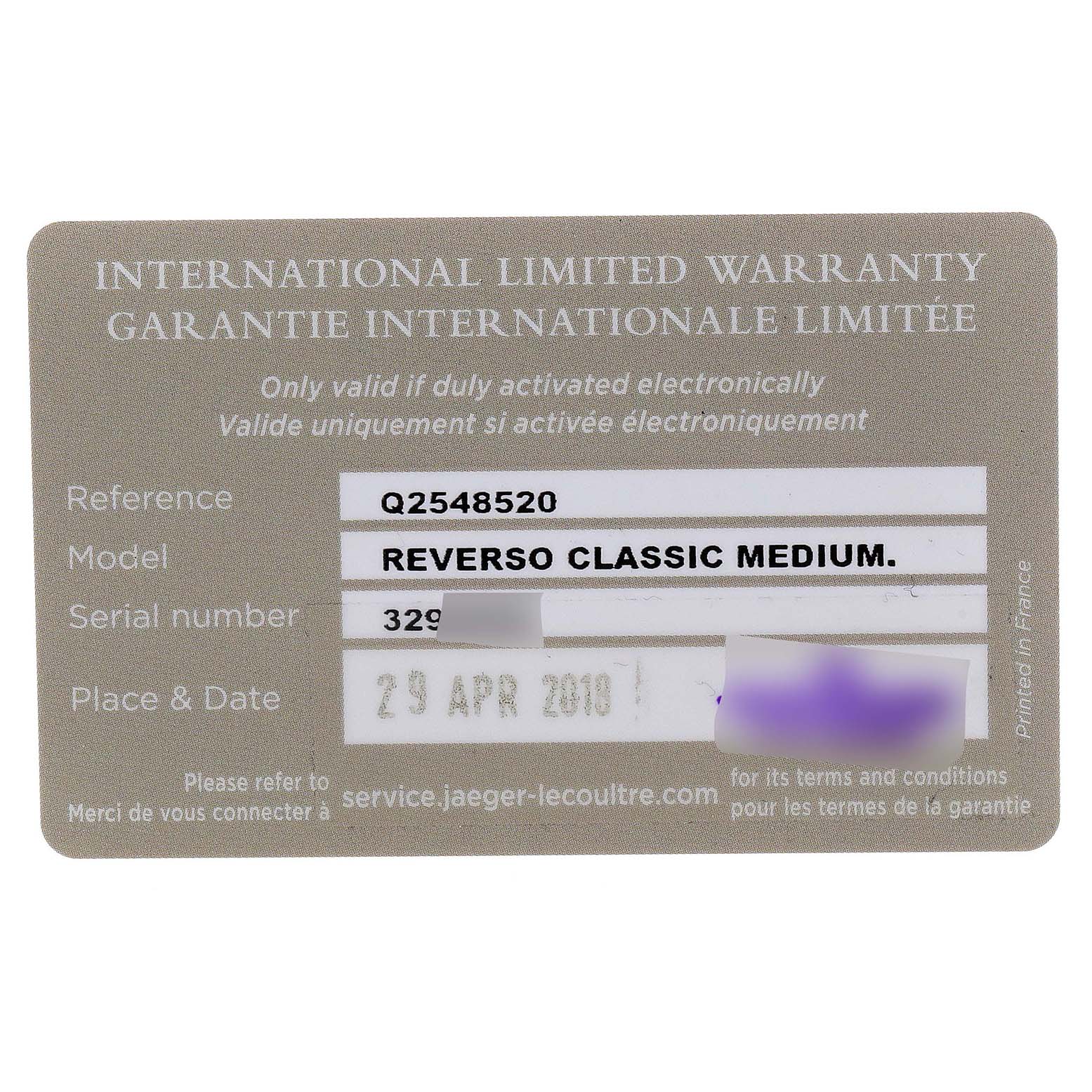 This image shows the International Limited Warranty card for a Jaeger-LeCoultre Reverso Classic Medium model.