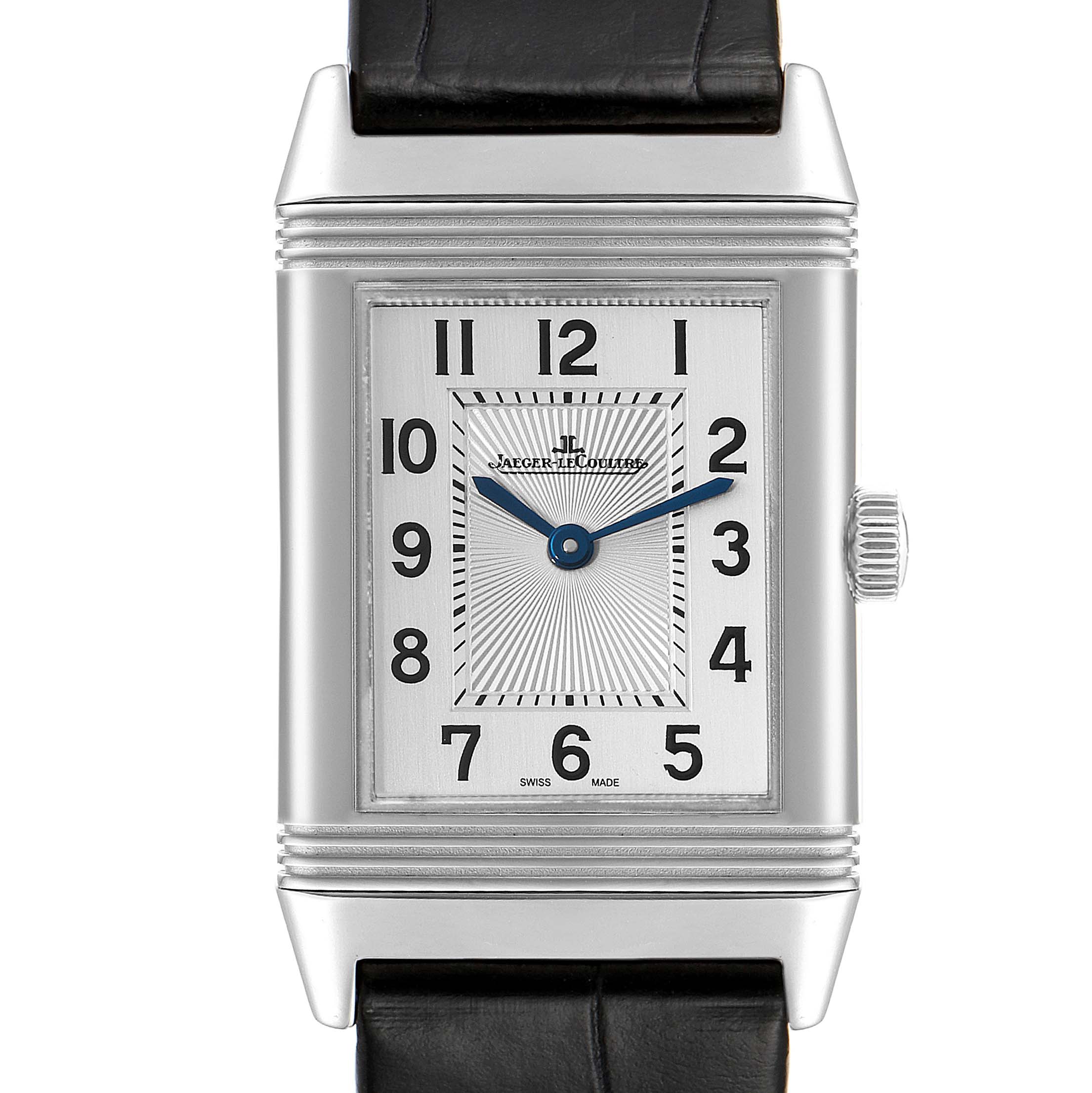 This image shows a front view of the Jaeger LeCoultre Reverso Q2548520 Men's Stainless Steel Silver Dial Q2548520 Men's Stainless Steel Silver Dial watch, highlighting the rectangular dial, crown, and strap.