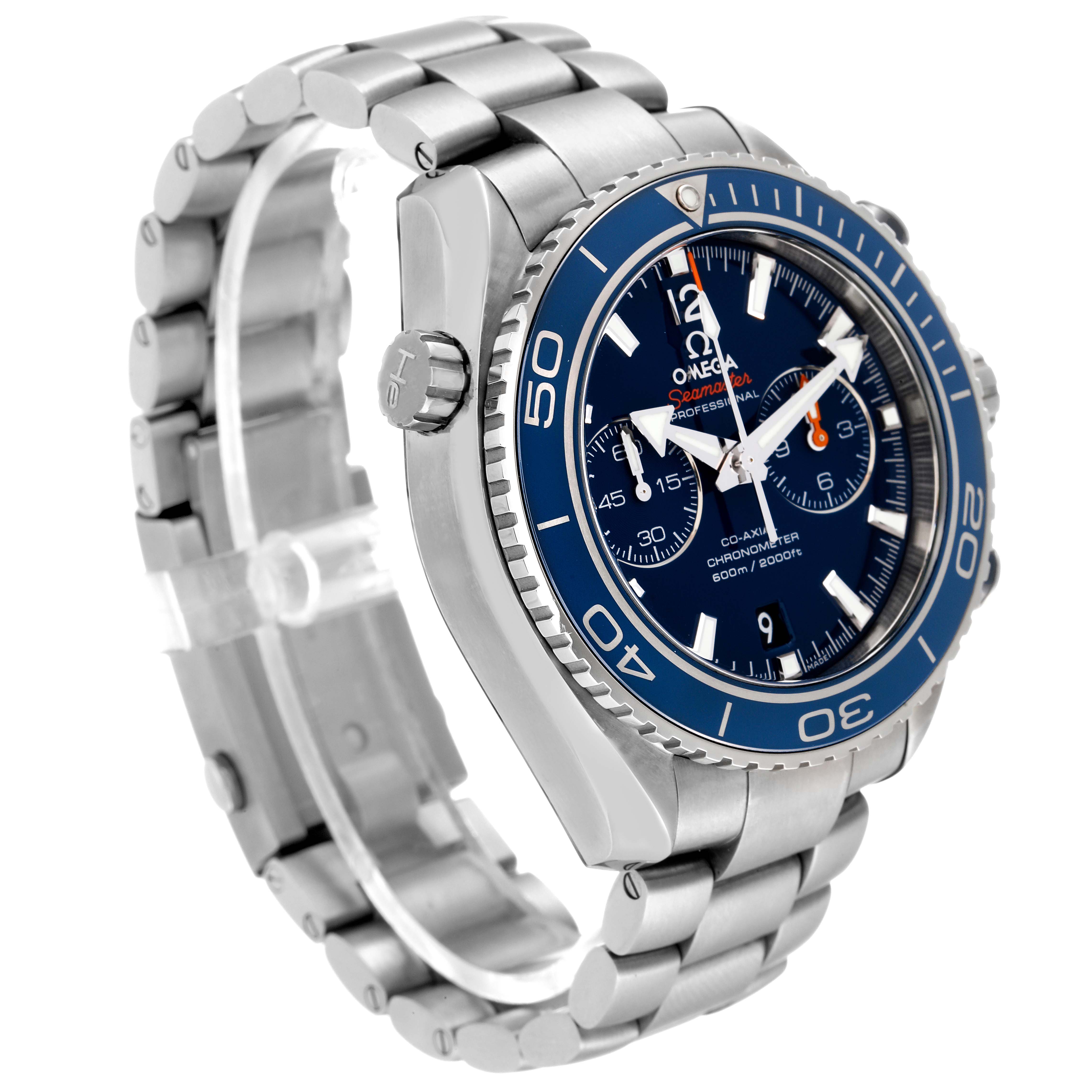 The image shows an angled side view of the Omega Planet Ocean 232.90.46.51.03.001 Men's Titanium Blue Dial 232.90.46.51.03.001 Men's Titanium Blue Dial watch, displaying the bezel, dial, crown, and bracelet.