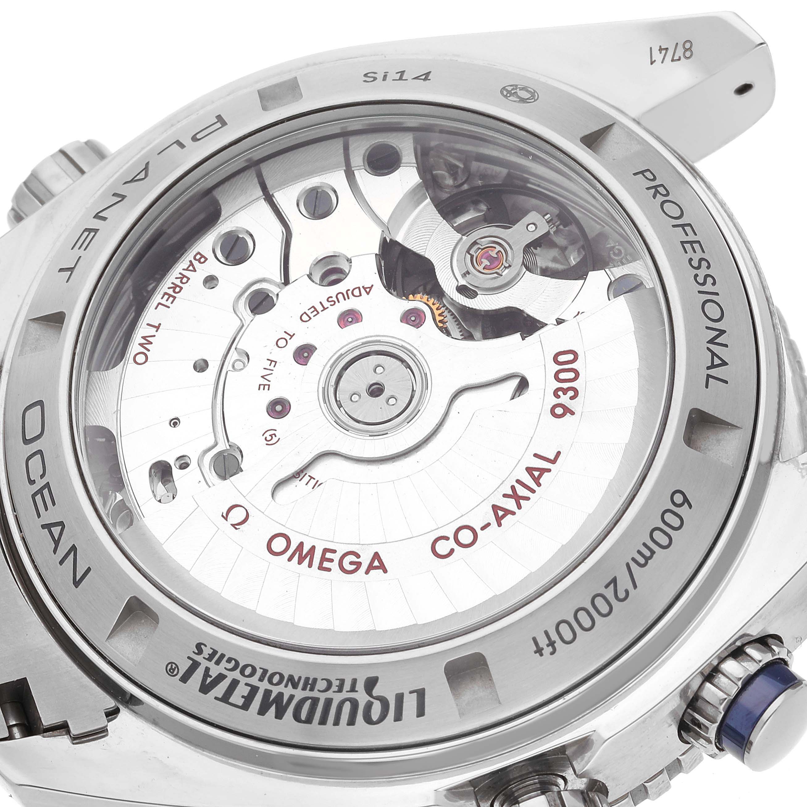 The image shows the case back of the Omega Planet Ocean 232.90.46.51.03.001 Men's Titanium Blue Dial 232.90.46.51.03.001 Men's Titanium Blue Dial with a view of the watch's inner mechanical components.