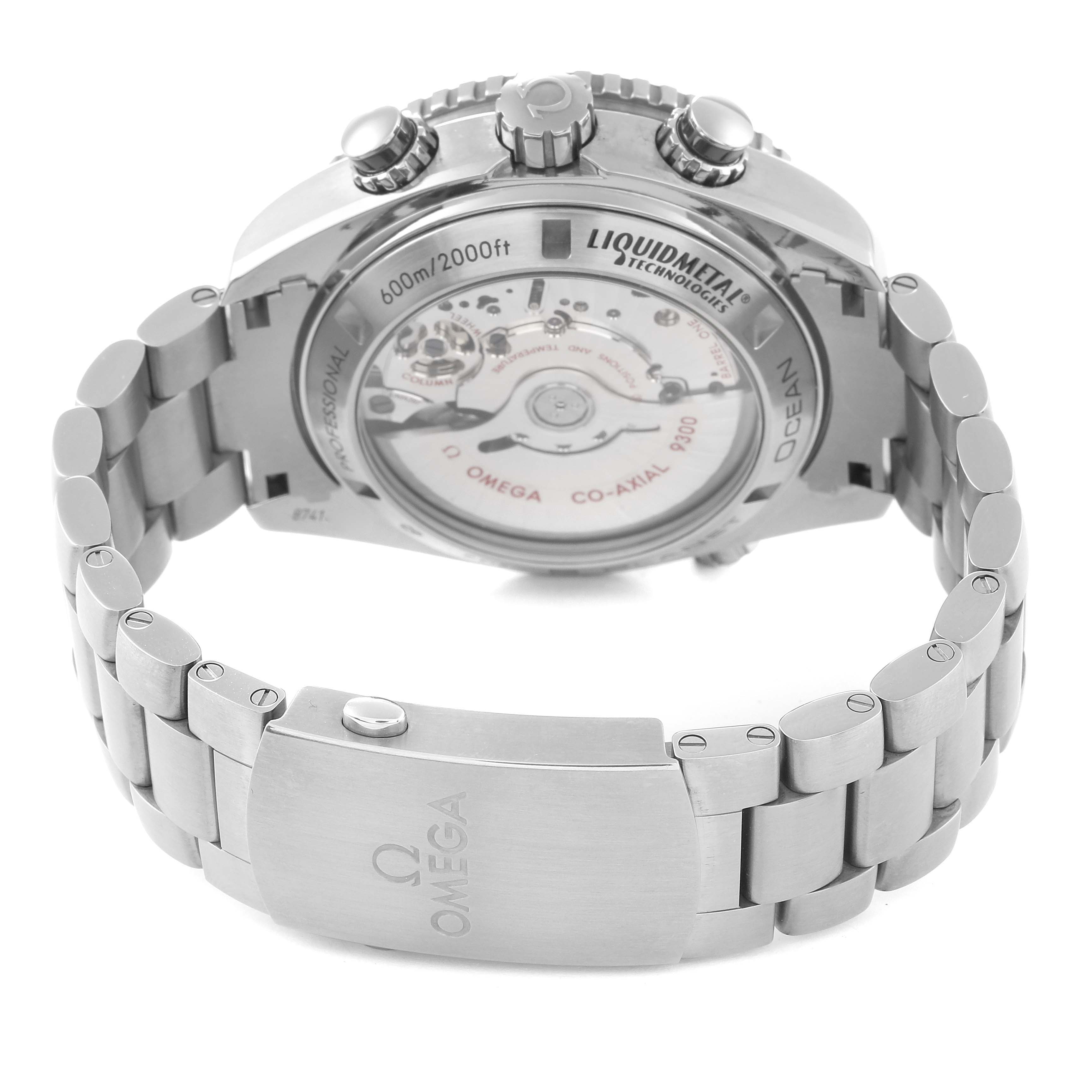 This image shows the back case and metal bracelet of the Omega Planet Ocean 232.90.46.51.03.001 Men's Titanium Blue Dial 232.90.46.51.03.001 Men's Titanium Blue Dial model, highlighting the movement and clasp.