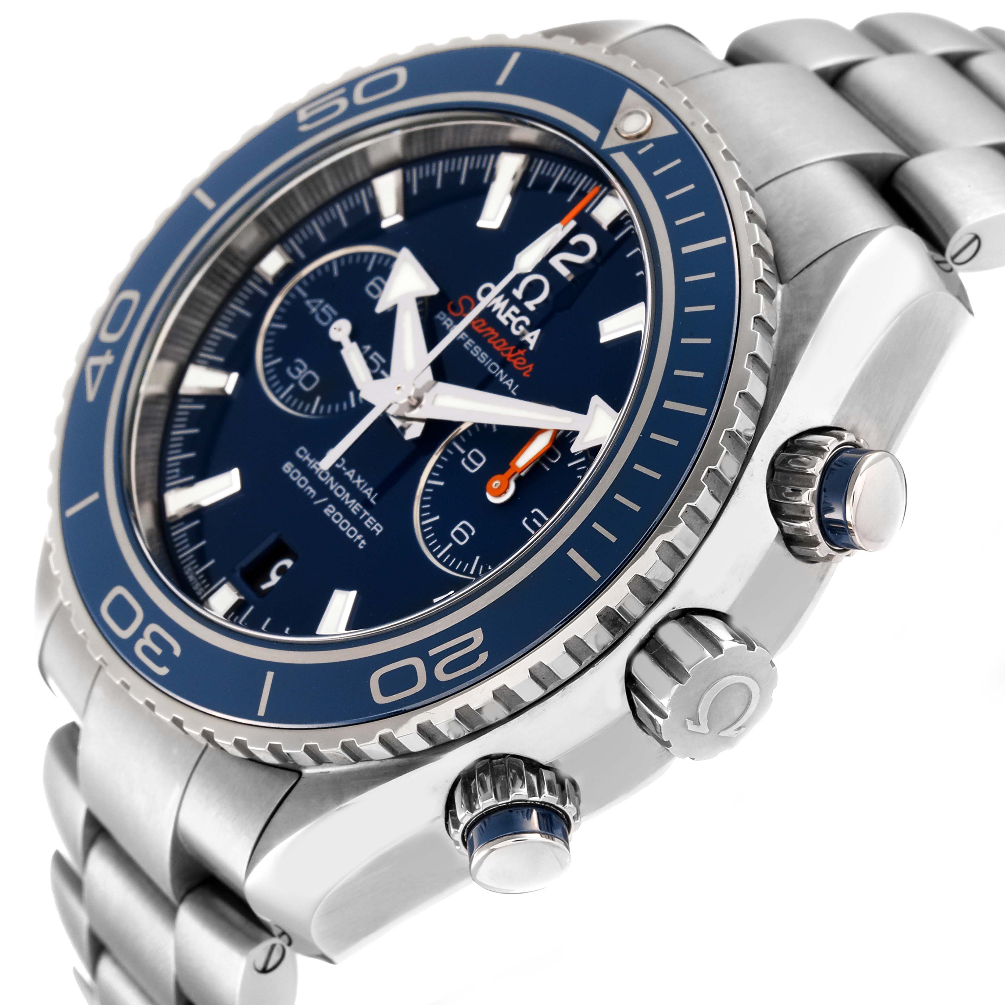 The image shows a side and partial frontal view of the Omega Planet Ocean 232.90.46.51.03.001 Men's Titanium Blue Dial 232.90.46.51.03.001 Men's Titanium Blue Dial watch, highlighting its bezel, crown, and bracelet.