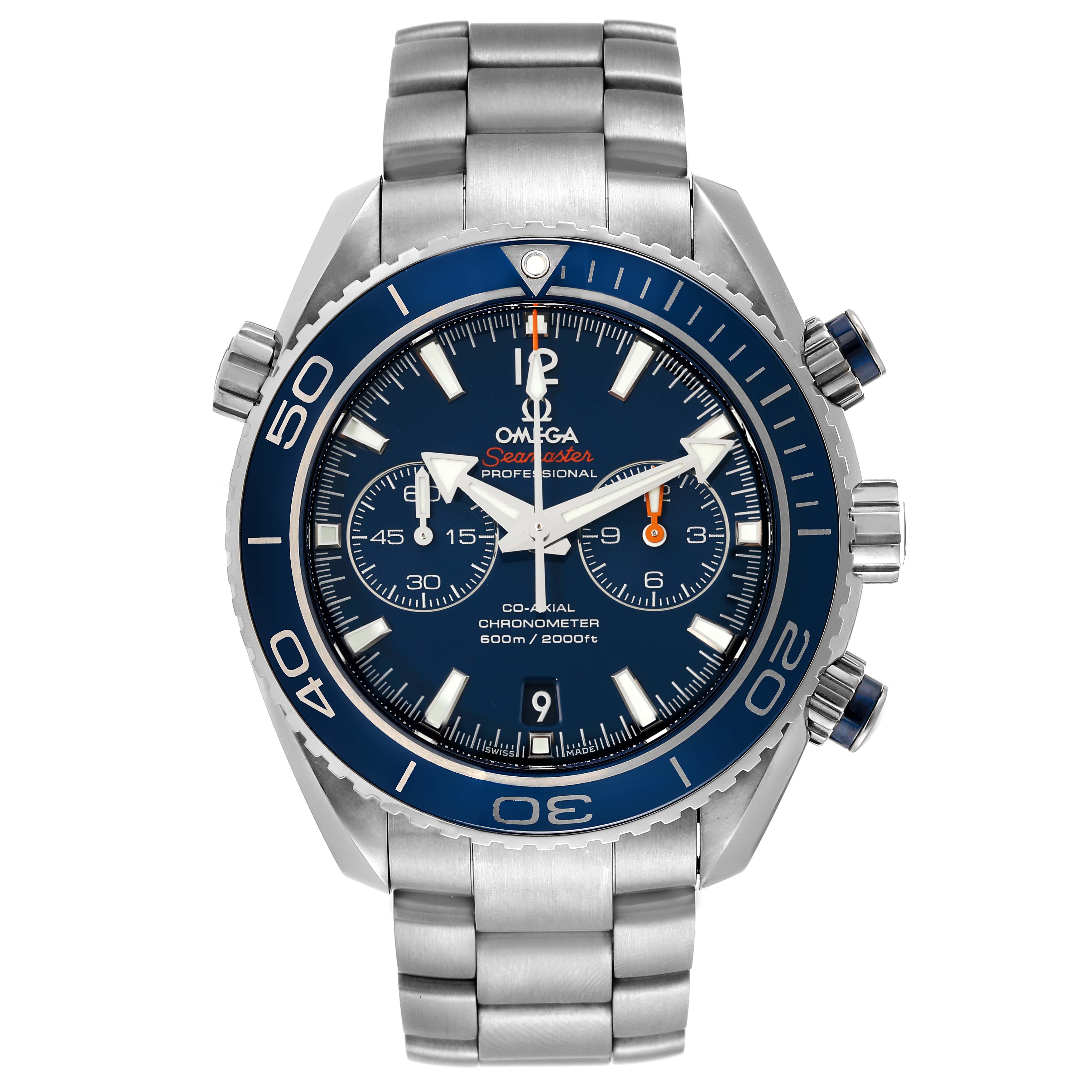 This image shows a front view of the Omega Planet Ocean 232.90.46.51.03.001 Men's Titanium Blue Dial 232.90.46.51.03.001 Men's Titanium Blue Dial watch, including its blue dial, bezel, and stainless steel bracelet.