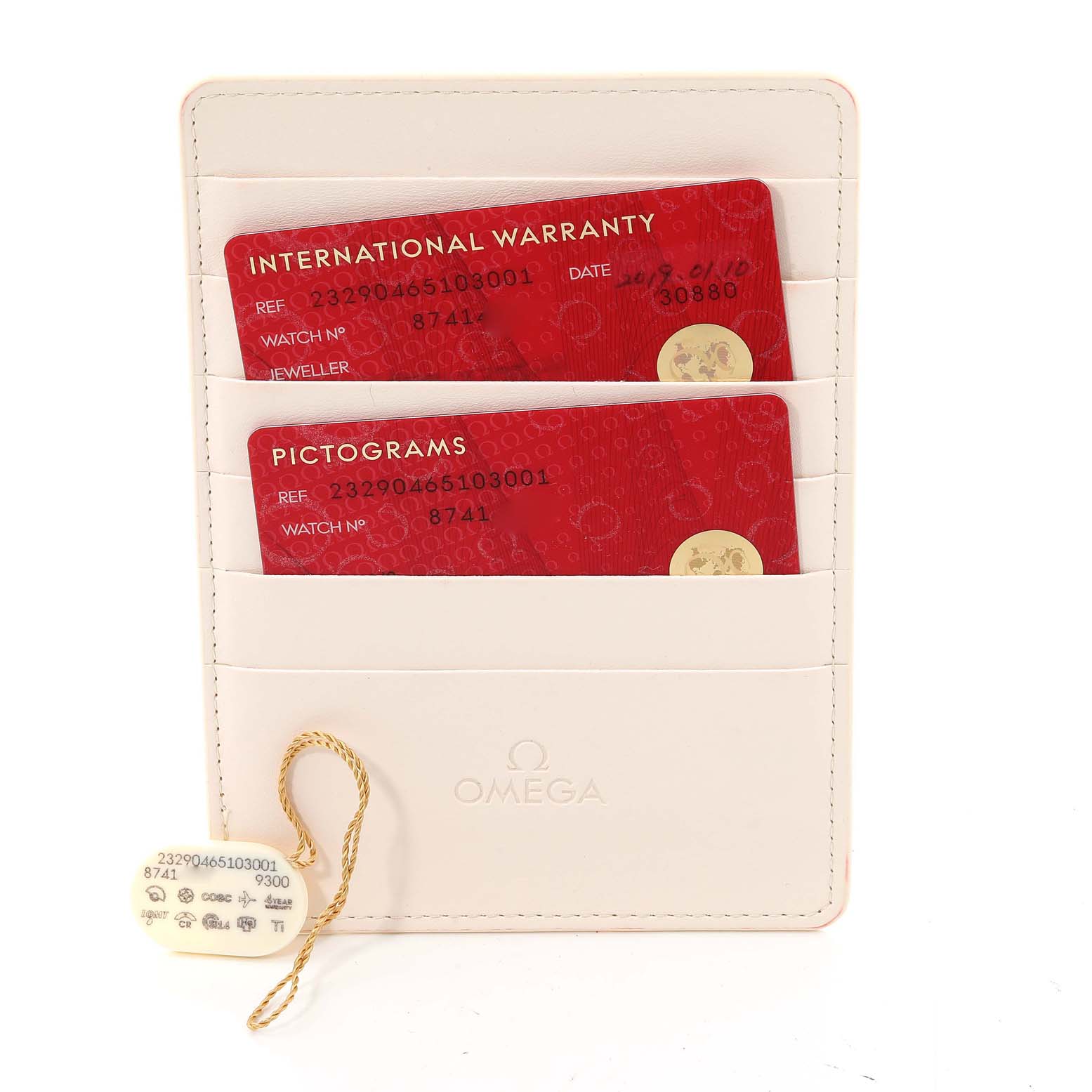 The image shows warranty and pictogram cards in a white case for the Omega Planet Ocean 232.90.46.51.03.001 Men's Titanium Blue Dial 232.90.46.51.03.001 Men's Titanium Blue Dial watch model.