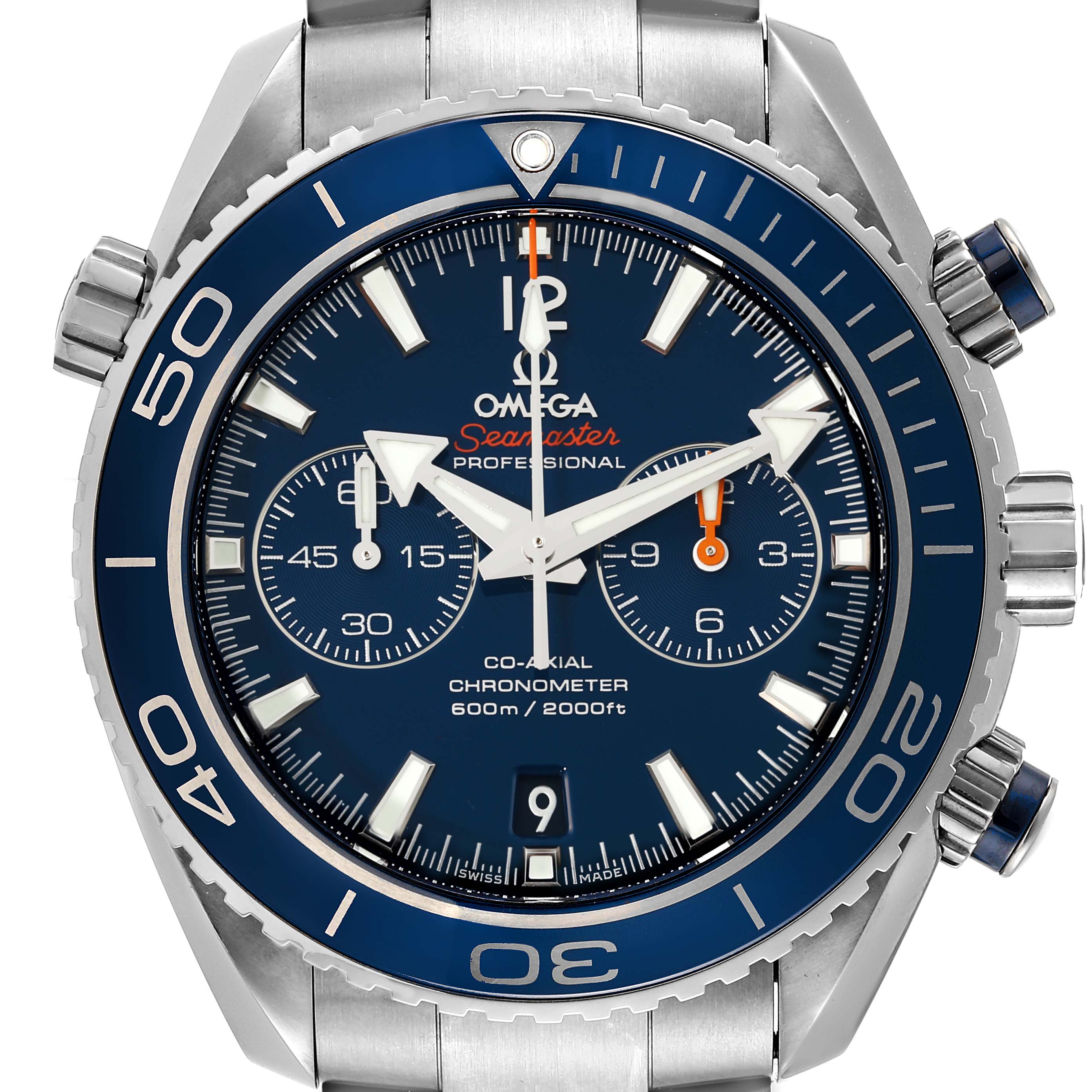 This image shows a frontal view of the Omega Planet Ocean 232.90.46.51.03.001 Men's Titanium Blue Dial 232.90.46.51.03.001 Men's Titanium Blue Dial watch, highlighting the dial, bezel, and chronograph subdials.