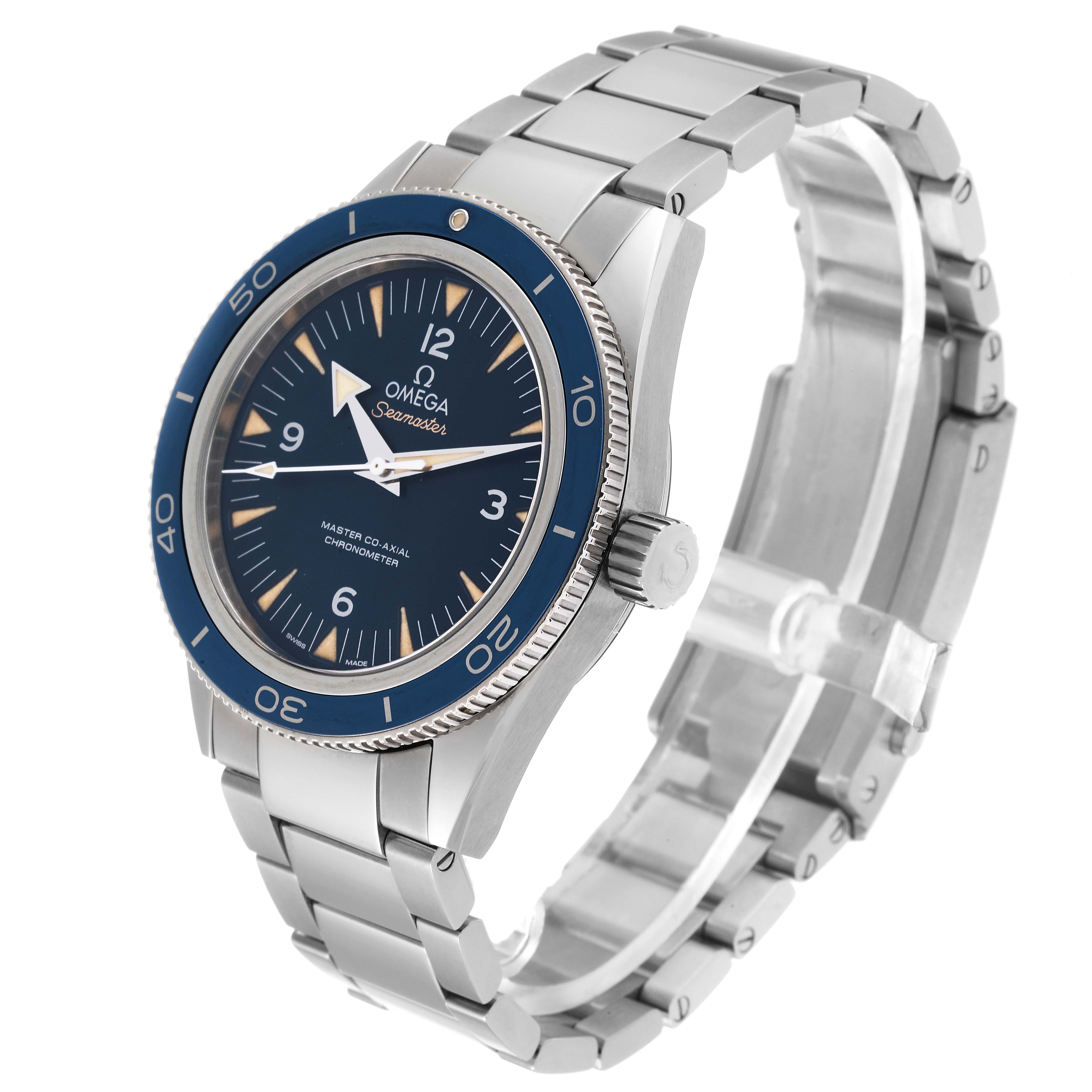 The Omega Seamaster 233.90.41.21.03.001 Men's Titanium Blue Dial 233.90.41.21.03.001 Men's Titanium Blue Dial watch is shown at a three-quarter angle, highlighting the face, bezel, and stainless steel bracelet.