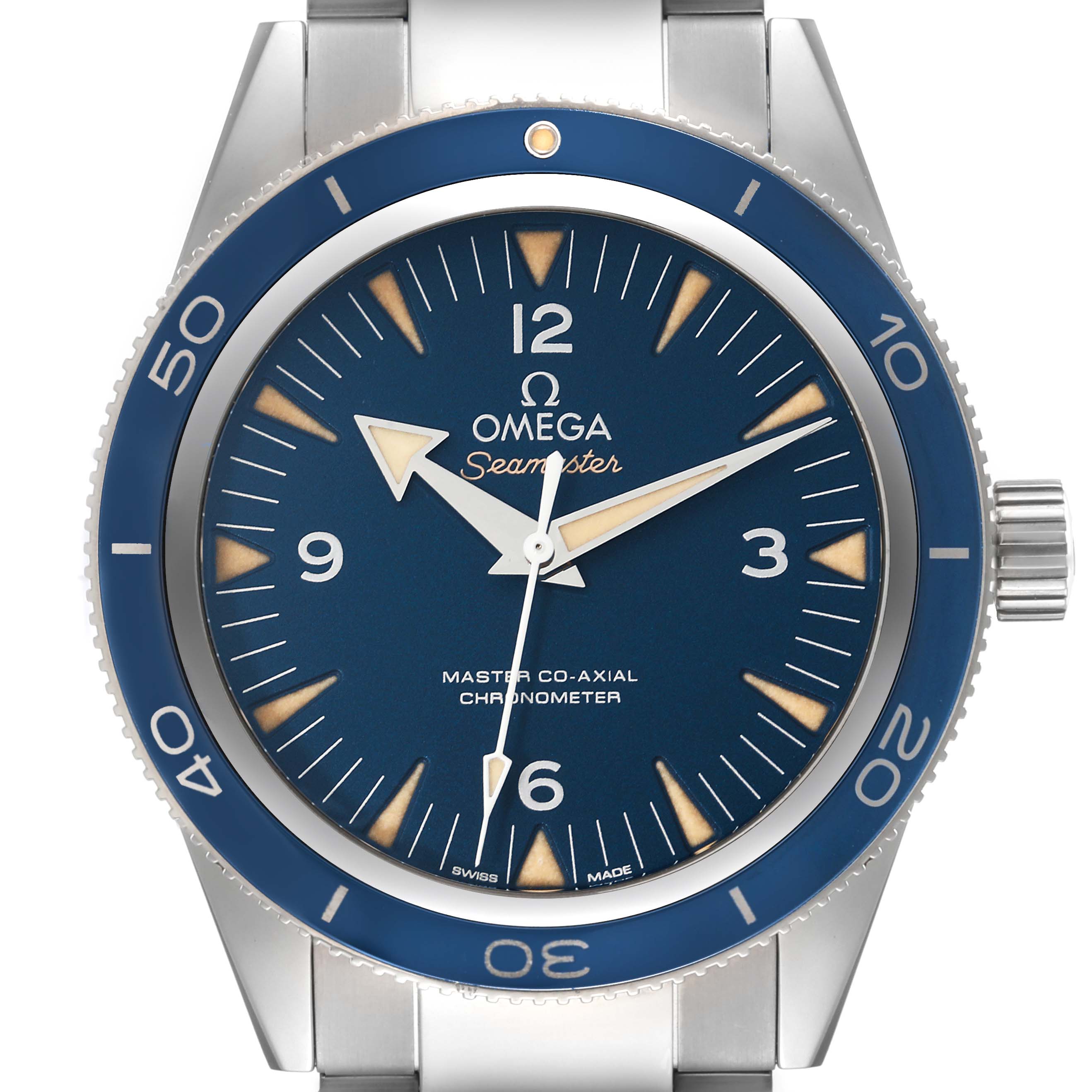 The Omega Seamaster 233.90.41.21.03.001 Men's Titanium Blue Dial 233.90.41.21.03.001 Men's Titanium Blue Dial watch is shown from a top-down angle, highlighting the dial, bezel, and part of the metal bracelet.
