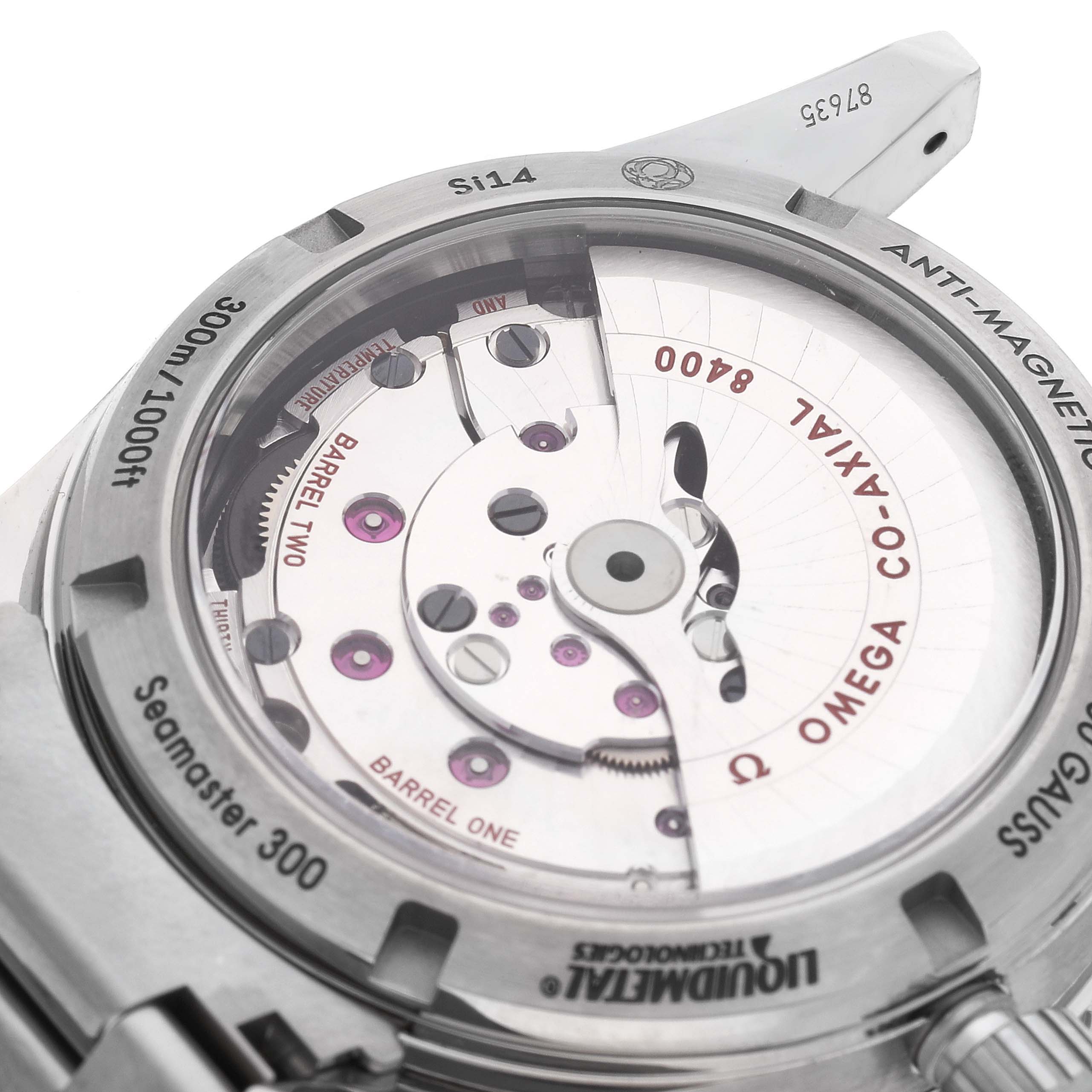 This image shows a close-up of the open case back of an Omega Seamaster 233.90.41.21.03.001 Men's Titanium Blue Dial 233.90.41.21.03.001 Men's Titanium Blue Dial 300, showcasing its intricate inner mechanics.