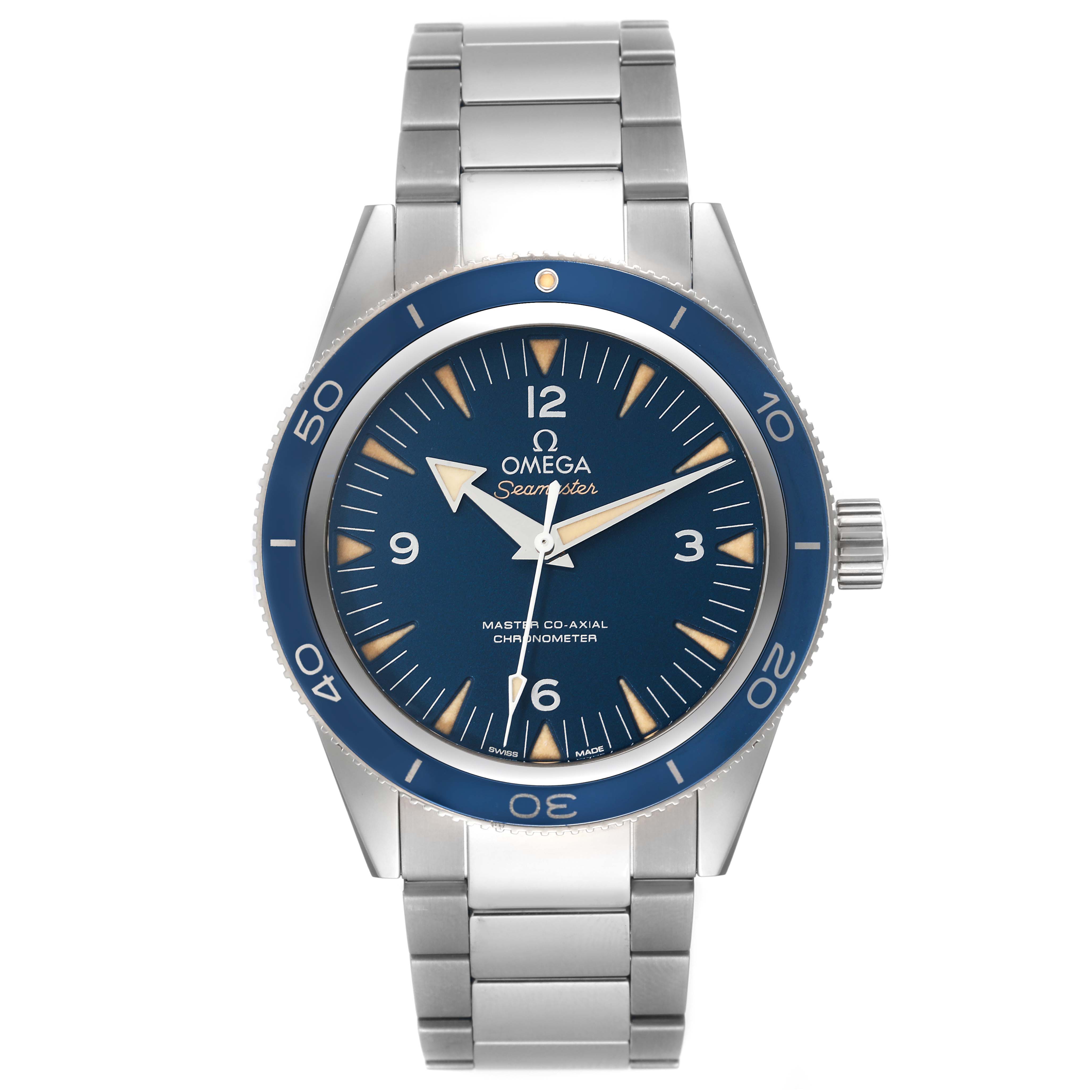 This Omega Seamaster 233.90.41.21.03.001 Men's Titanium Blue Dial 233.90.41.21.03.001 Men's Titanium Blue Dial watch is shown from a front angle, displaying its face, bezel, crown, and stainless steel bracelet.
