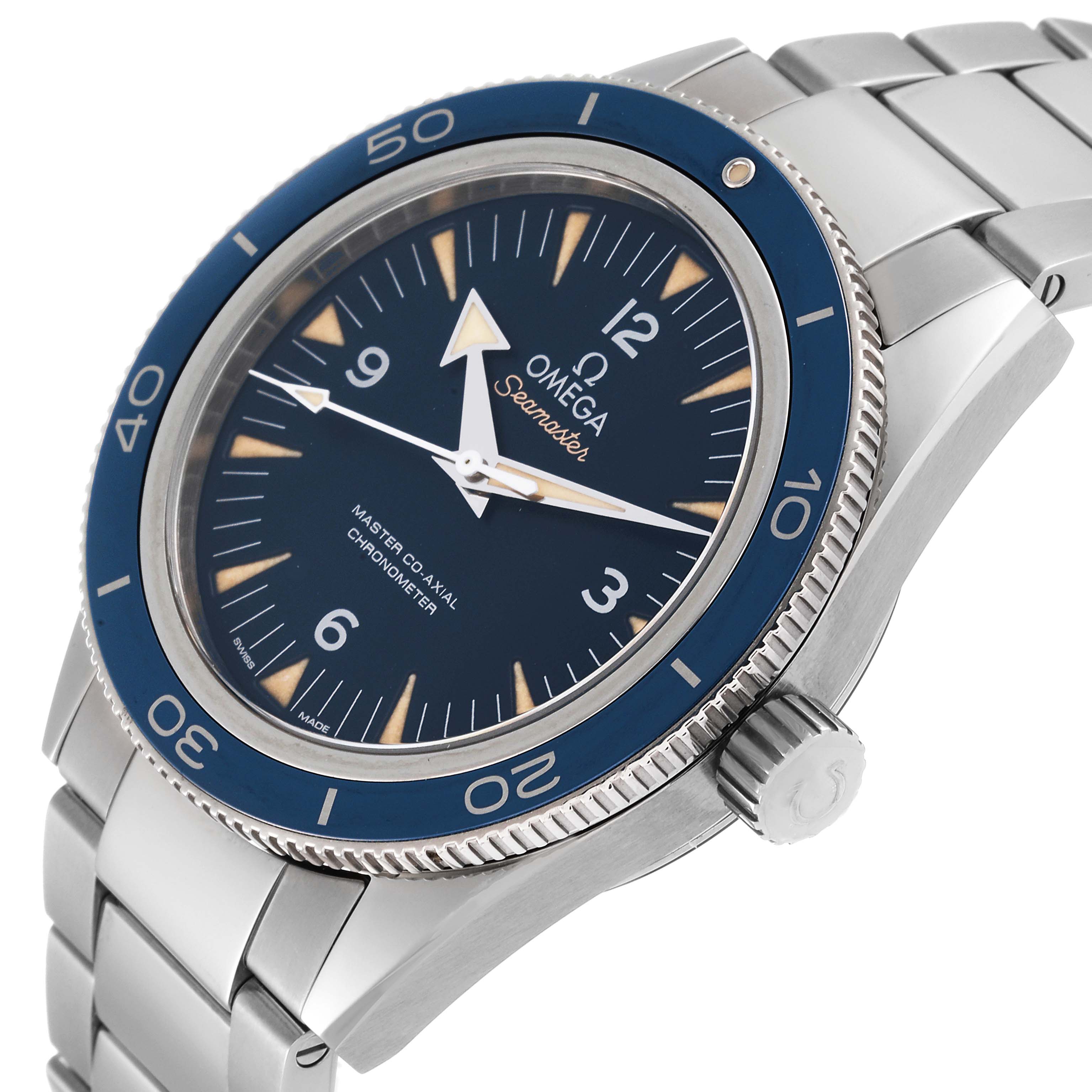 The image shows the Omega Seamaster 233.90.41.21.03.001 Men's Titanium Blue Dial 233.90.41.21.03.001 Men's Titanium Blue Dial watch angled to display the face, bezel, crown, and part of the metal bracelet.