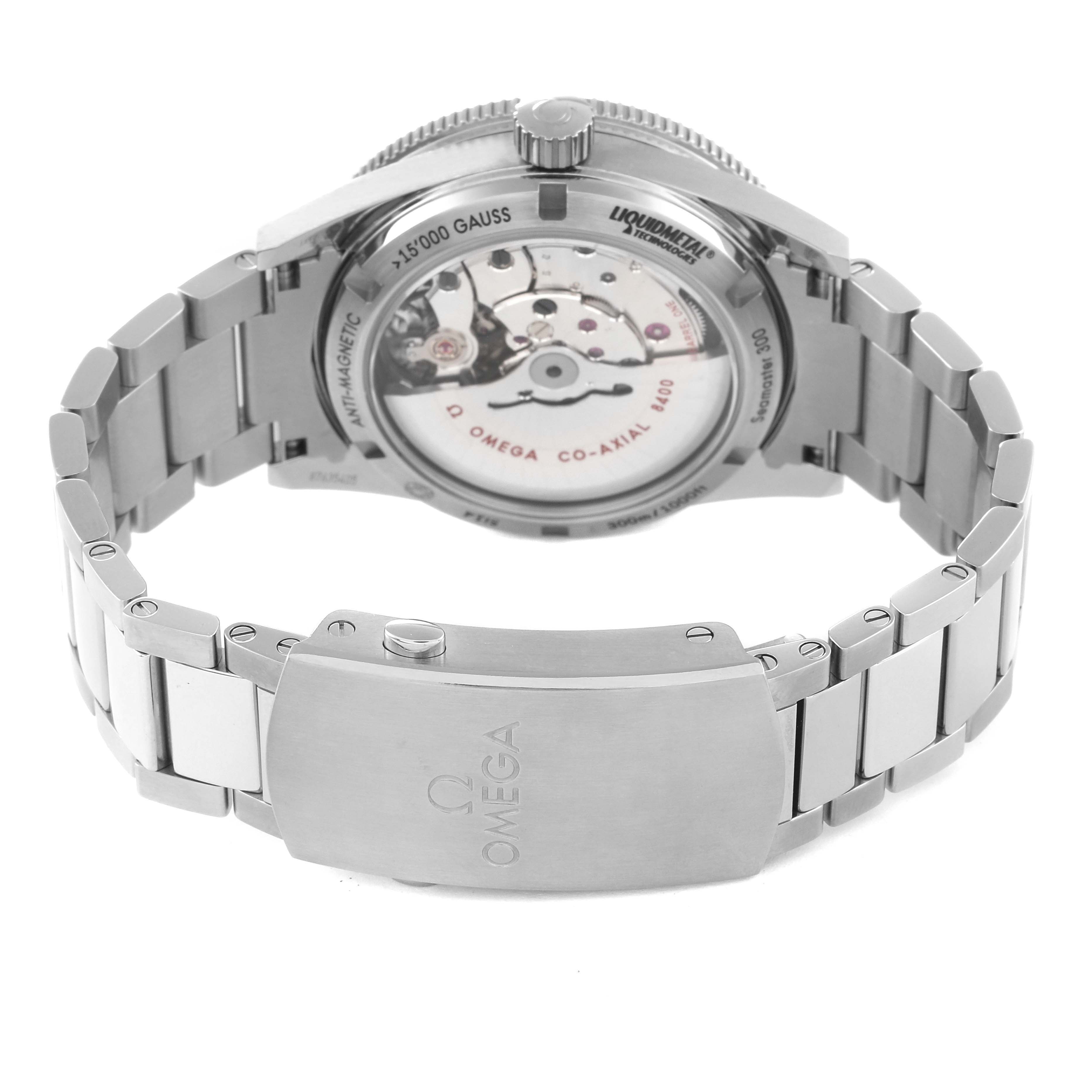 The image shows the back view of an Omega Seamaster 233.90.41.21.03.001 Men's Titanium Blue Dial 233.90.41.21.03.001 Men's Titanium Blue Dial watch, highlighting its stainless steel bracelet and open case back.