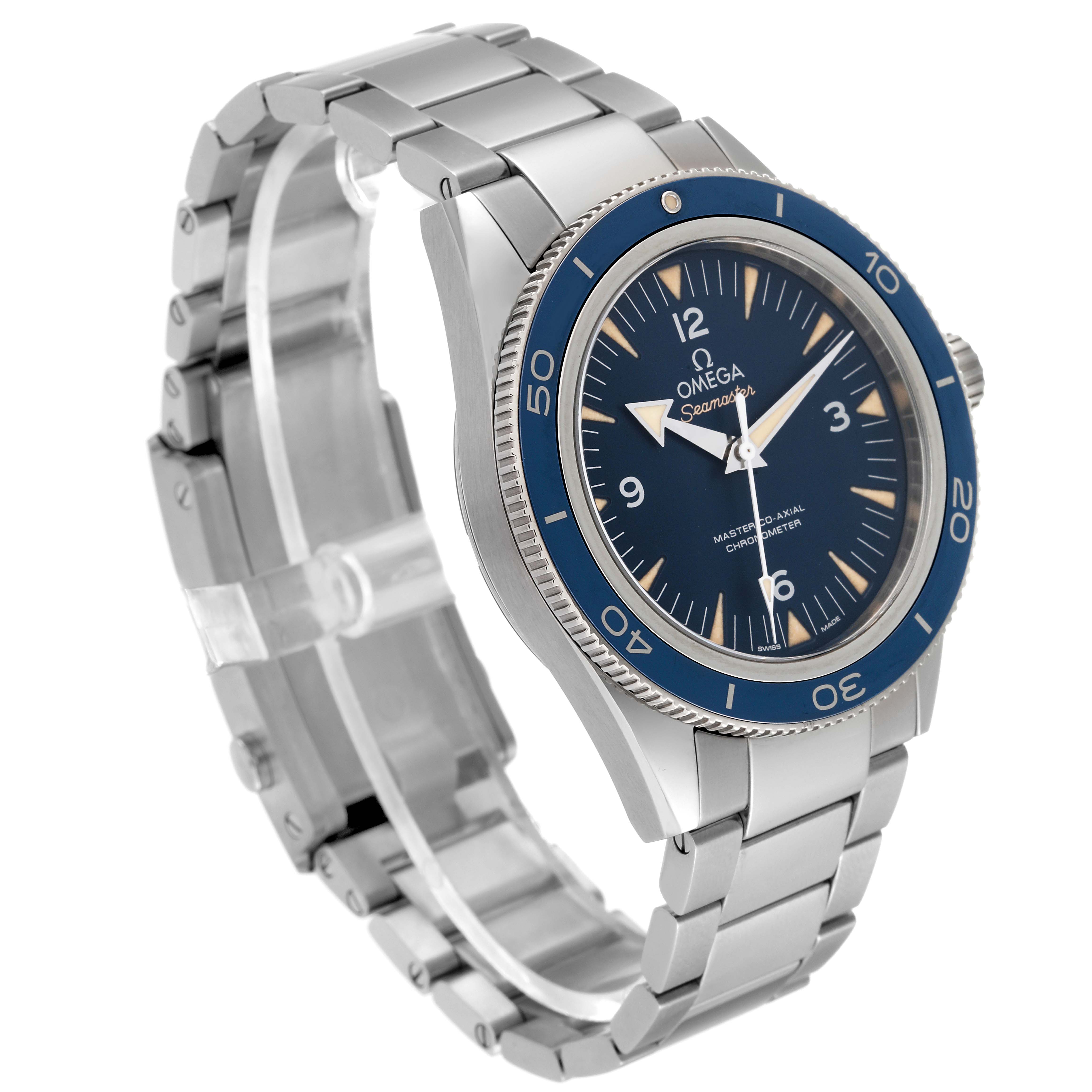 The Omega Seamaster 233.90.41.21.03.001 Men's Titanium Blue Dial 233.90.41.21.03.001 Men's Titanium Blue Dial watch is shown at an angled front view, highlighting the dial, bezel, and part of the stainless steel bracelet.
