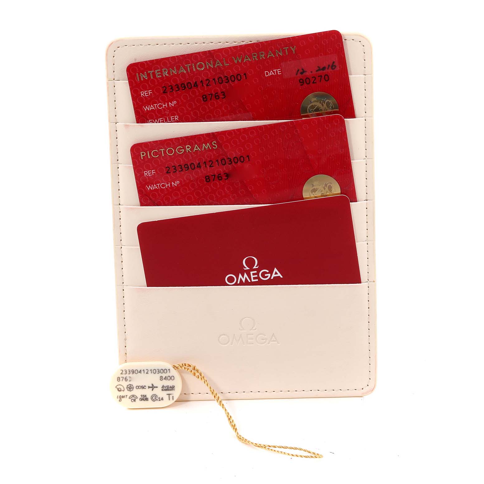 The image shows warranty and pictogram cards for the Omega Seamaster 233.90.41.21.03.001 Men's Titanium Blue Dial 233.90.41.21.03.001 Men's Titanium Blue Dial, along with a tag and a branded cardholder.