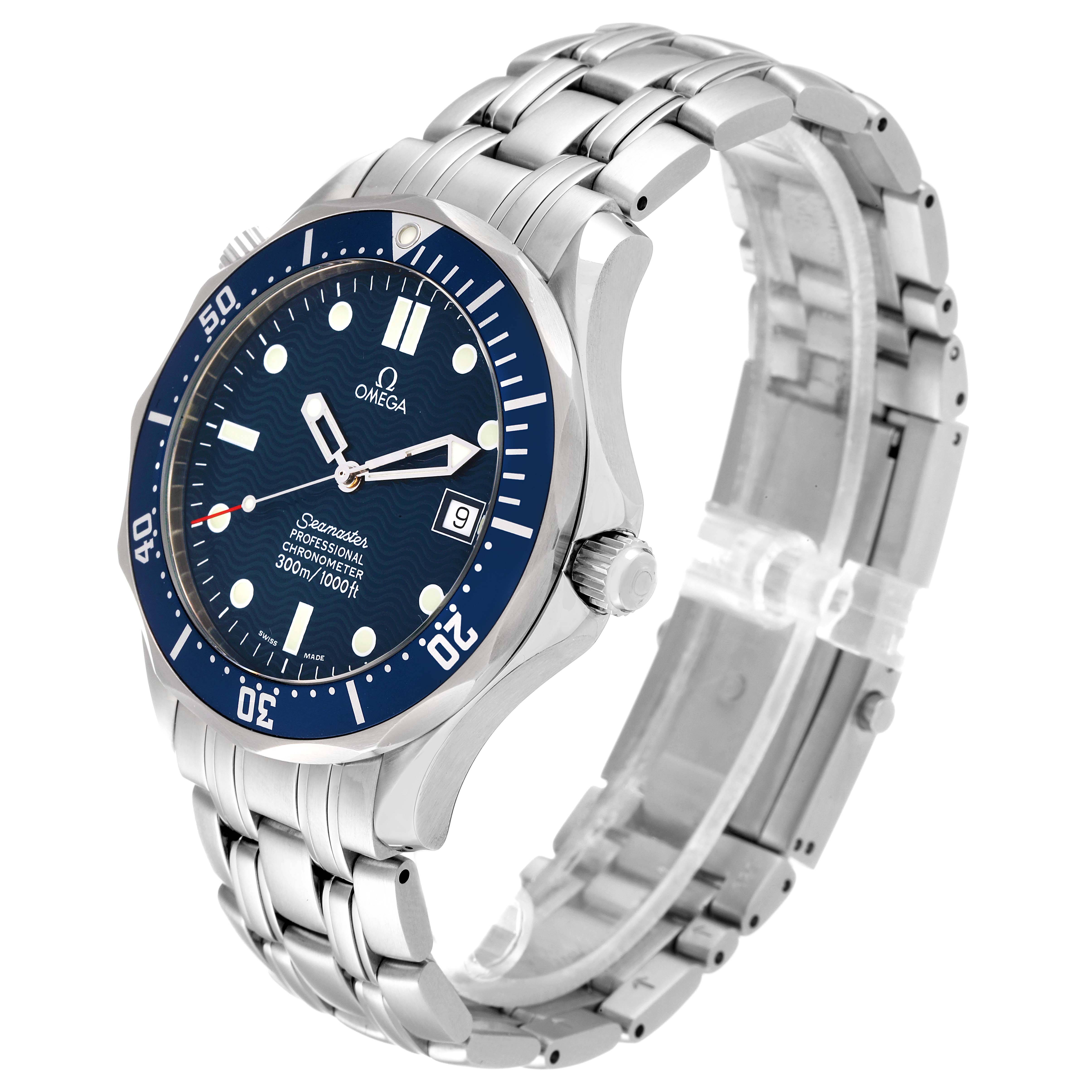 The Omega Seamaster 2531.80.00 Men's Stainless Steel Blue Dial 2531.80.00 Men's Stainless Steel Blue Dial watch is shown at a three-quarter angle, highlighting the dial, bezel, crown, and stainless steel bracelet.