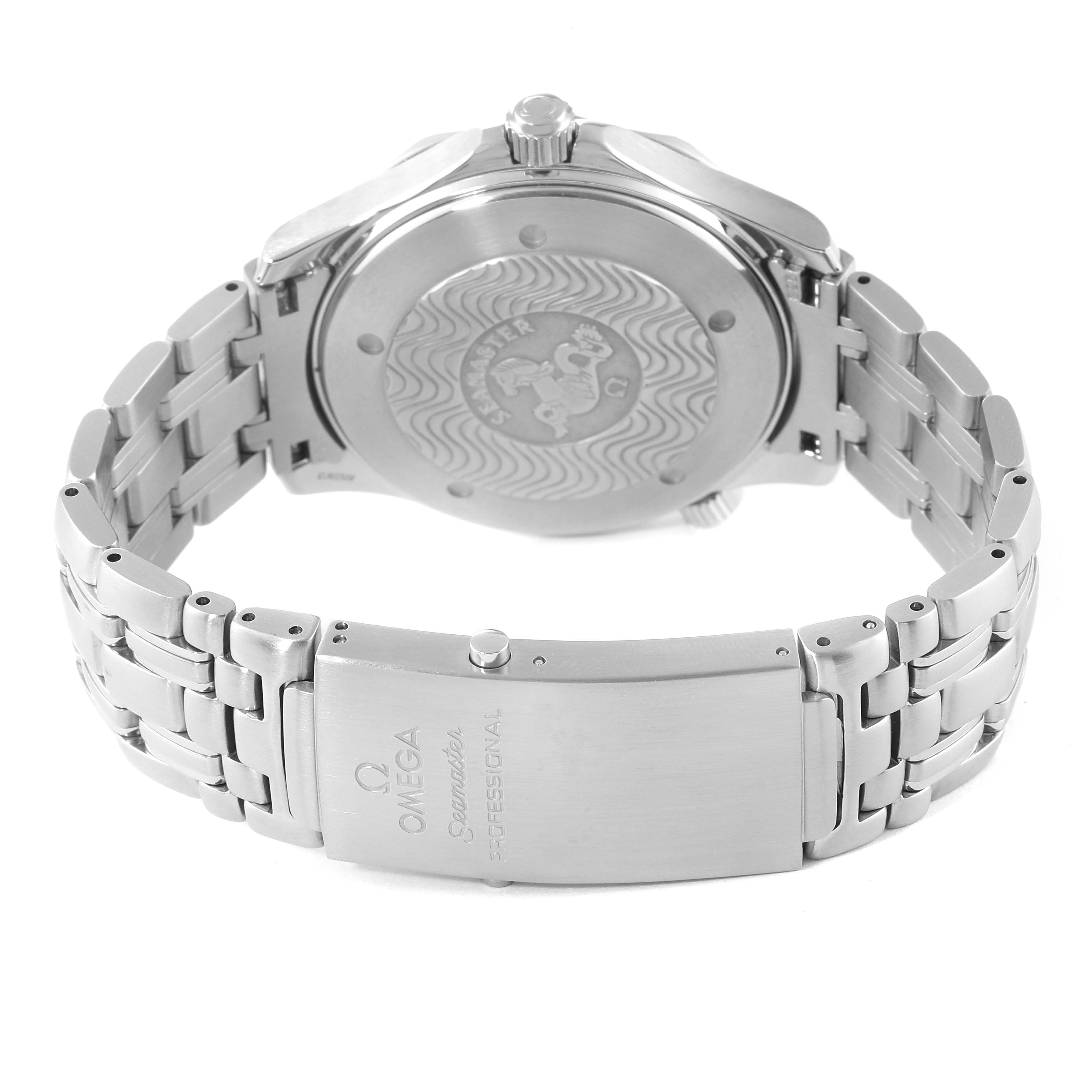 The image shows the back view of the Omega Seamaster 2531.80.00 Men's Stainless Steel Blue Dial 2531.80.00 Men's Stainless Steel Blue Dial watch, highlighting the case back, crown, and metal bracelet with the clasp.