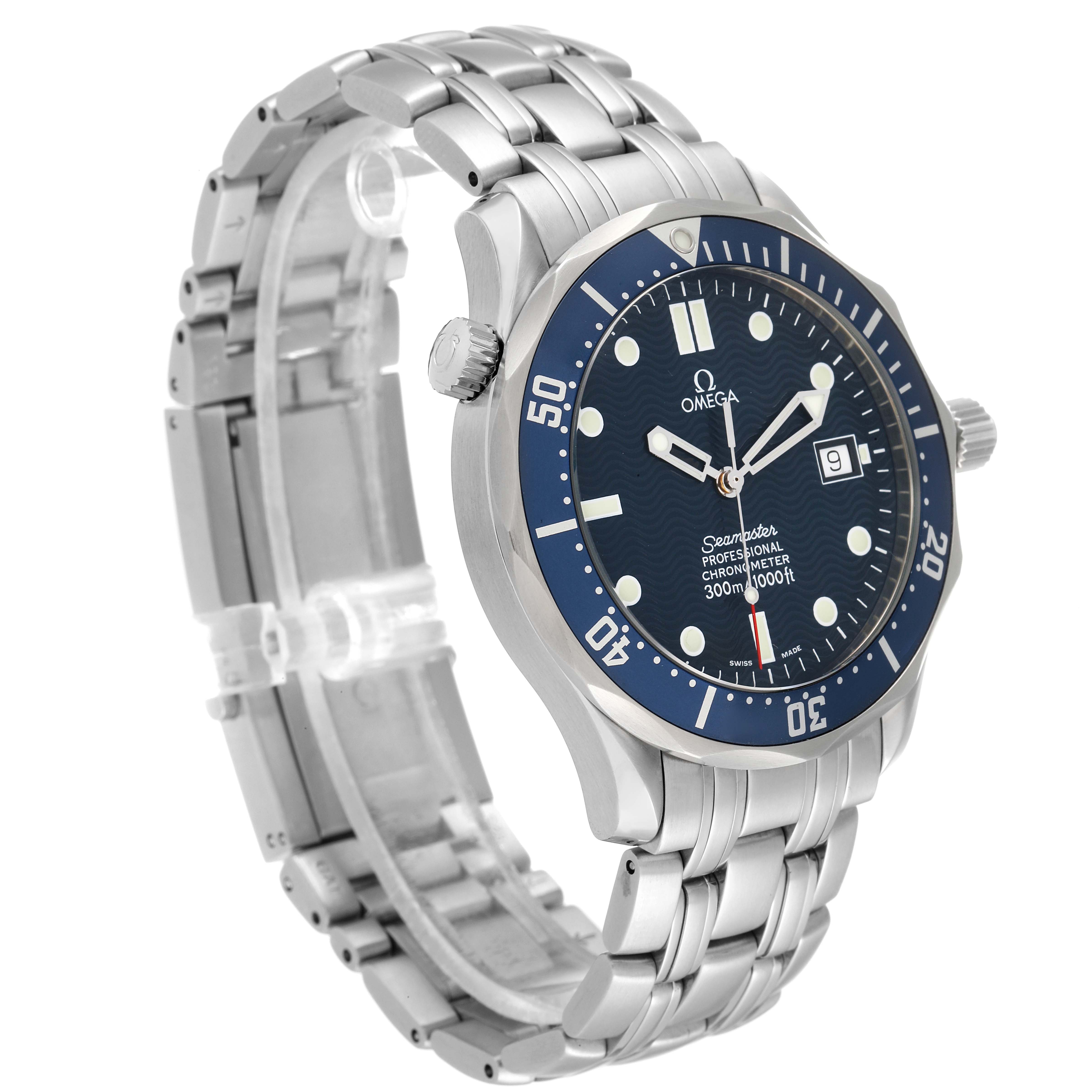 The Omega Seamaster 2531.80.00 Men's Stainless Steel Blue Dial 2531.80.00 Men's Stainless Steel Blue Dial watch is shown at a three-quarter angle, displaying the face, bezel, crown, and bracelet.