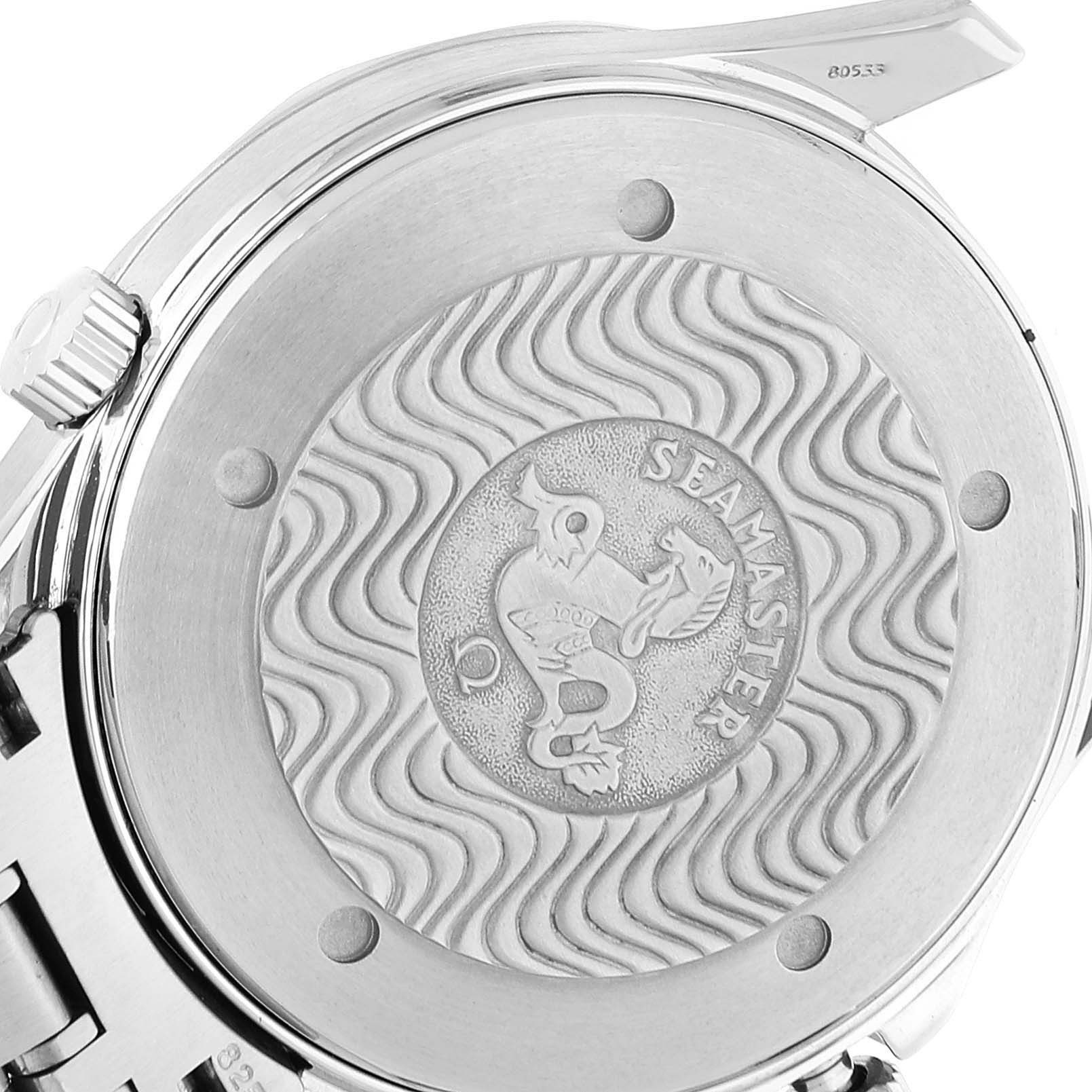 The image shows the case back of an Omega Seamaster 2531.80.00 Men's Stainless Steel Blue Dial 2531.80.00 Men's Stainless Steel Blue Dial watch with its engraved logo.