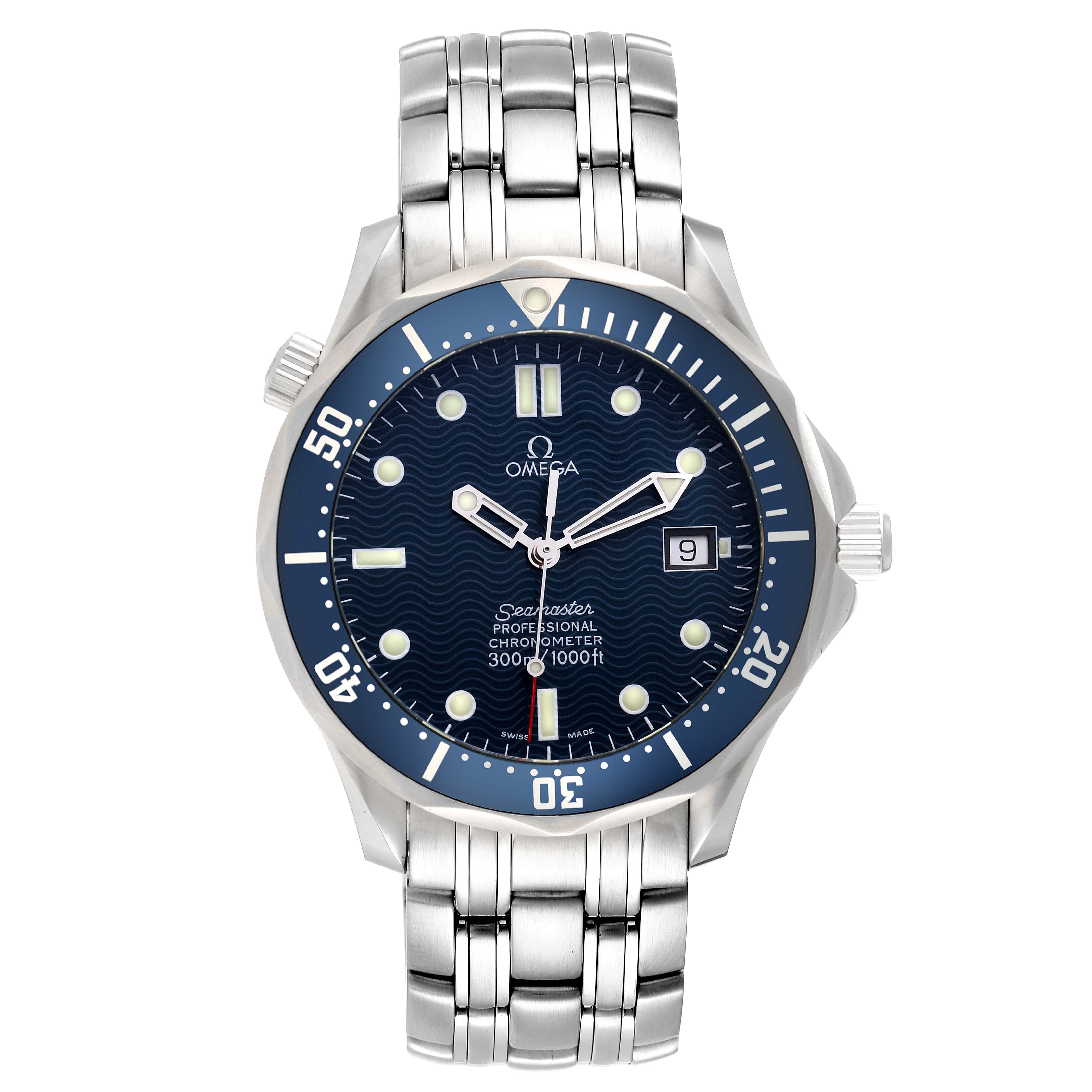 The Omega Seamaster 2531.80.00 Men's Stainless Steel Blue Dial 2531.80.00 Men's Stainless Steel Blue Dial watch is shown from the front, displaying its face, bezel, and metal bracelet band.